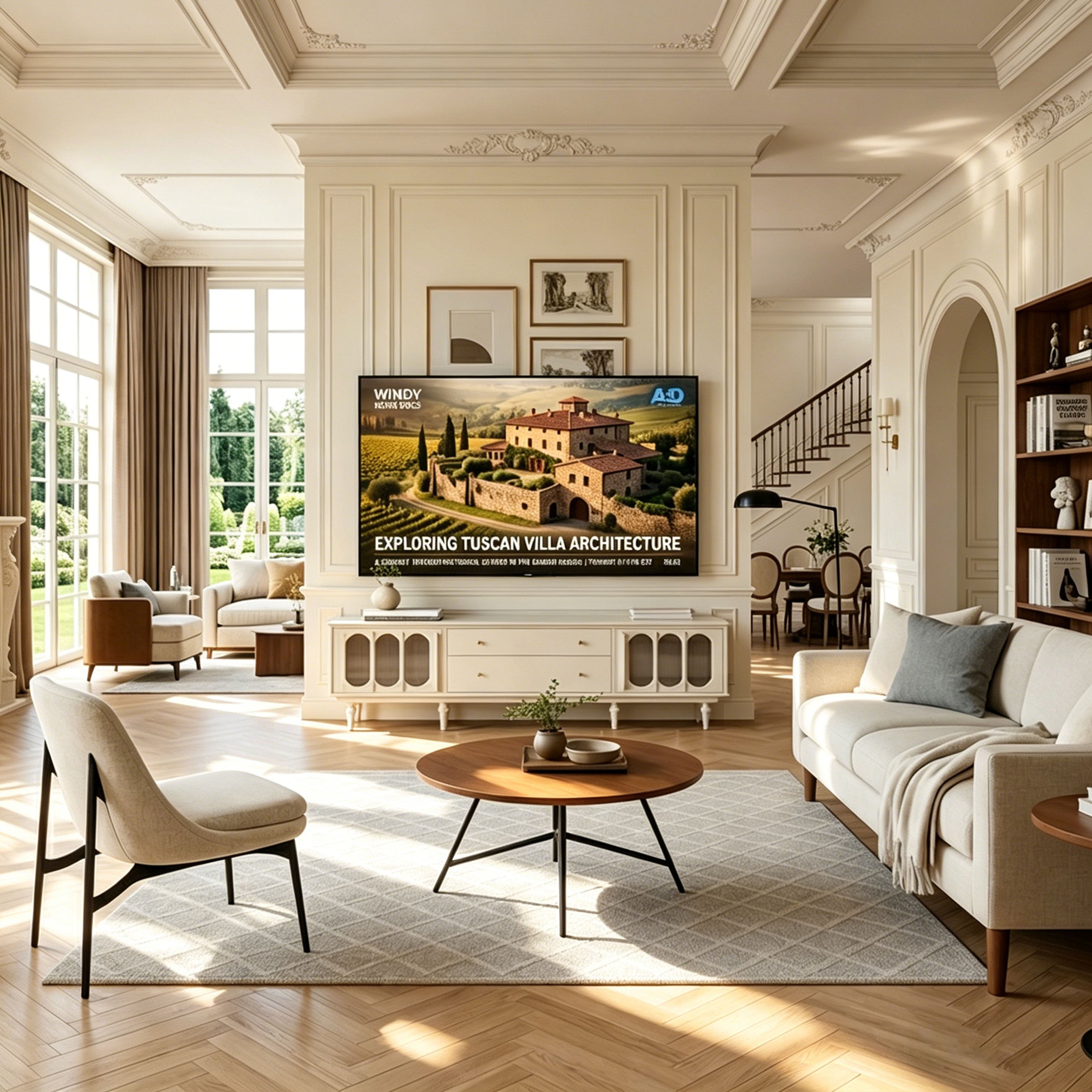 78.74" French Country TV Stand for 75-85 Inch TVs, Cream White TV Console with Arched Fluted Glass Doors & Storage Drawers