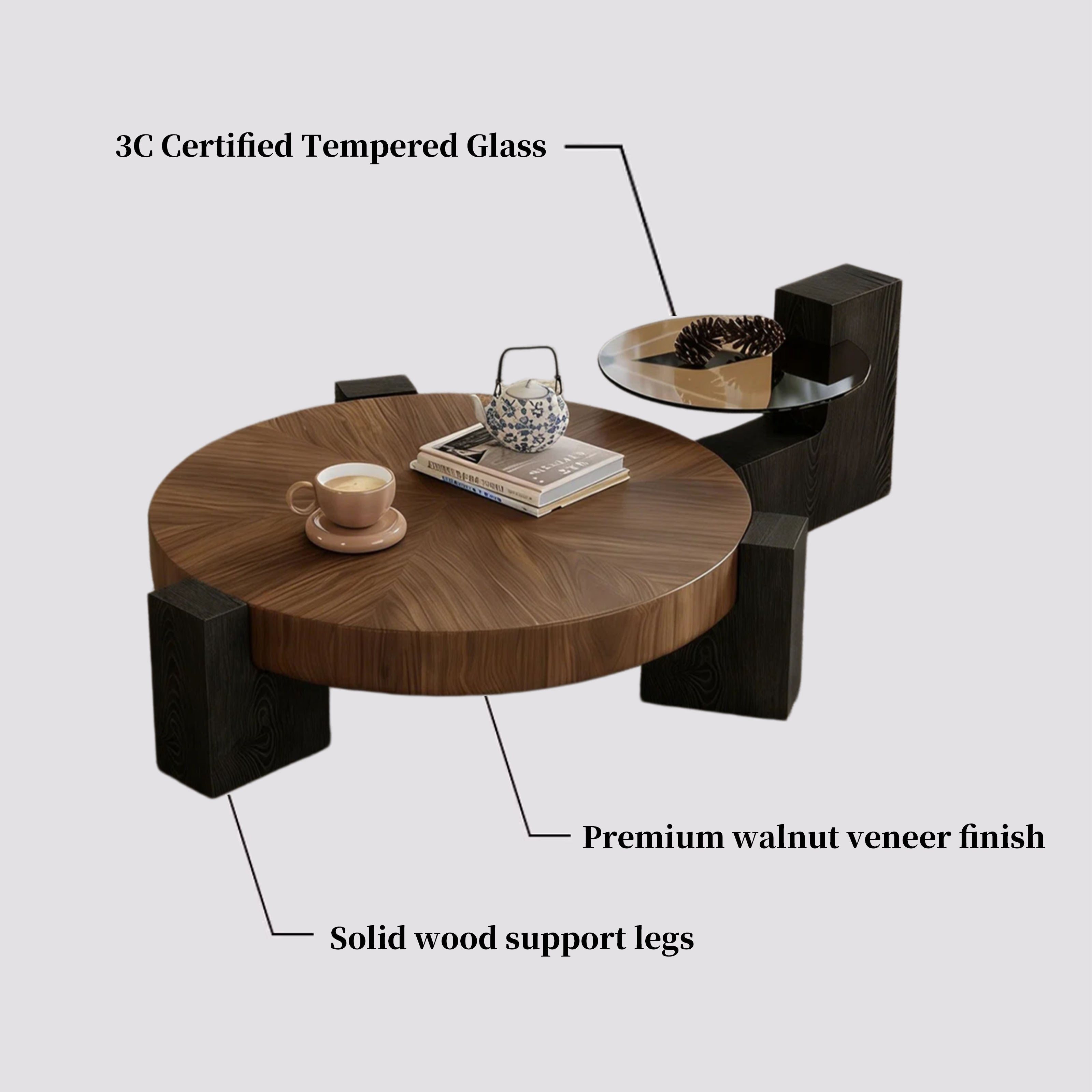Mid-century coffee table - Round coffee table Walnut & Clear HD Glass Top with Stable Geometric Legs