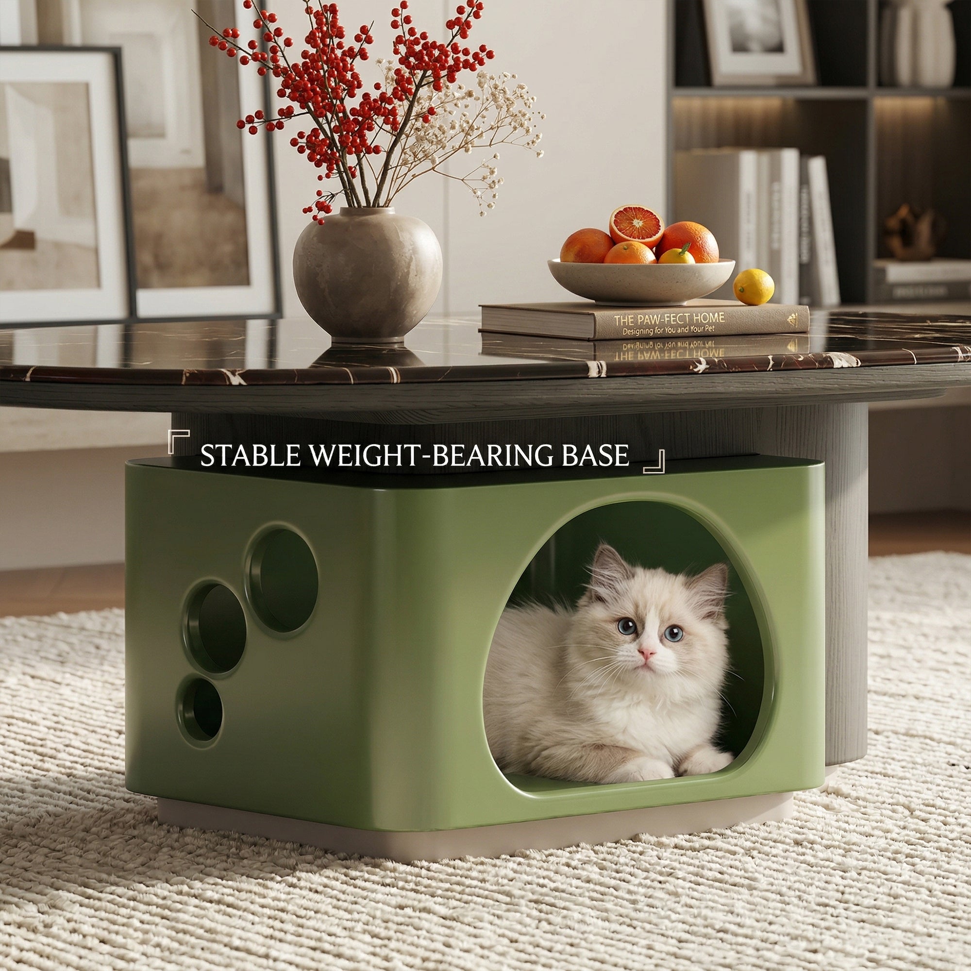 Luxury Pet-Friendly Coffee Table - Black Veined Marble Top with Cat Cave Base