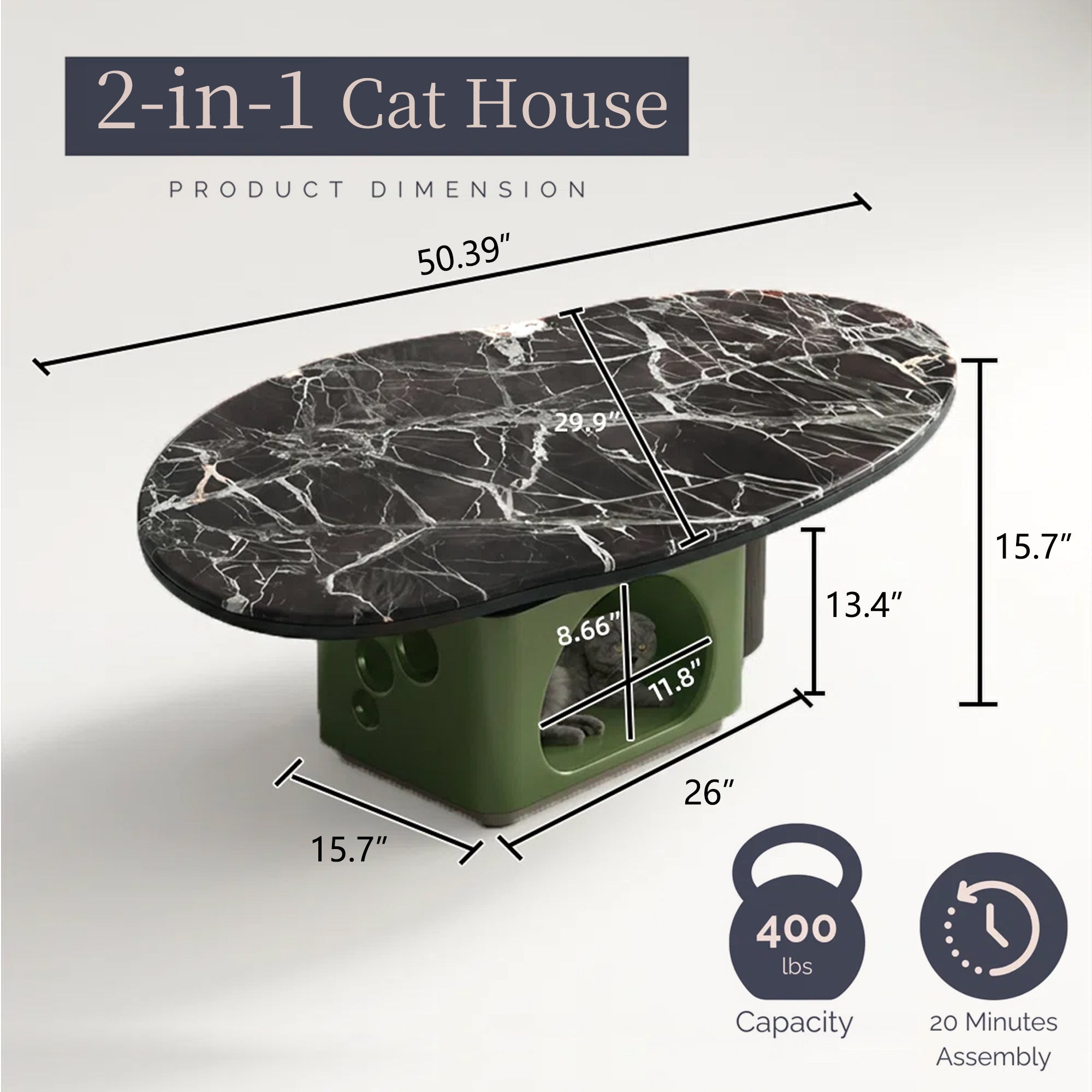 Luxury Pet-Friendly Coffee Table - Black Veined Marble Top with Cat Cave Base