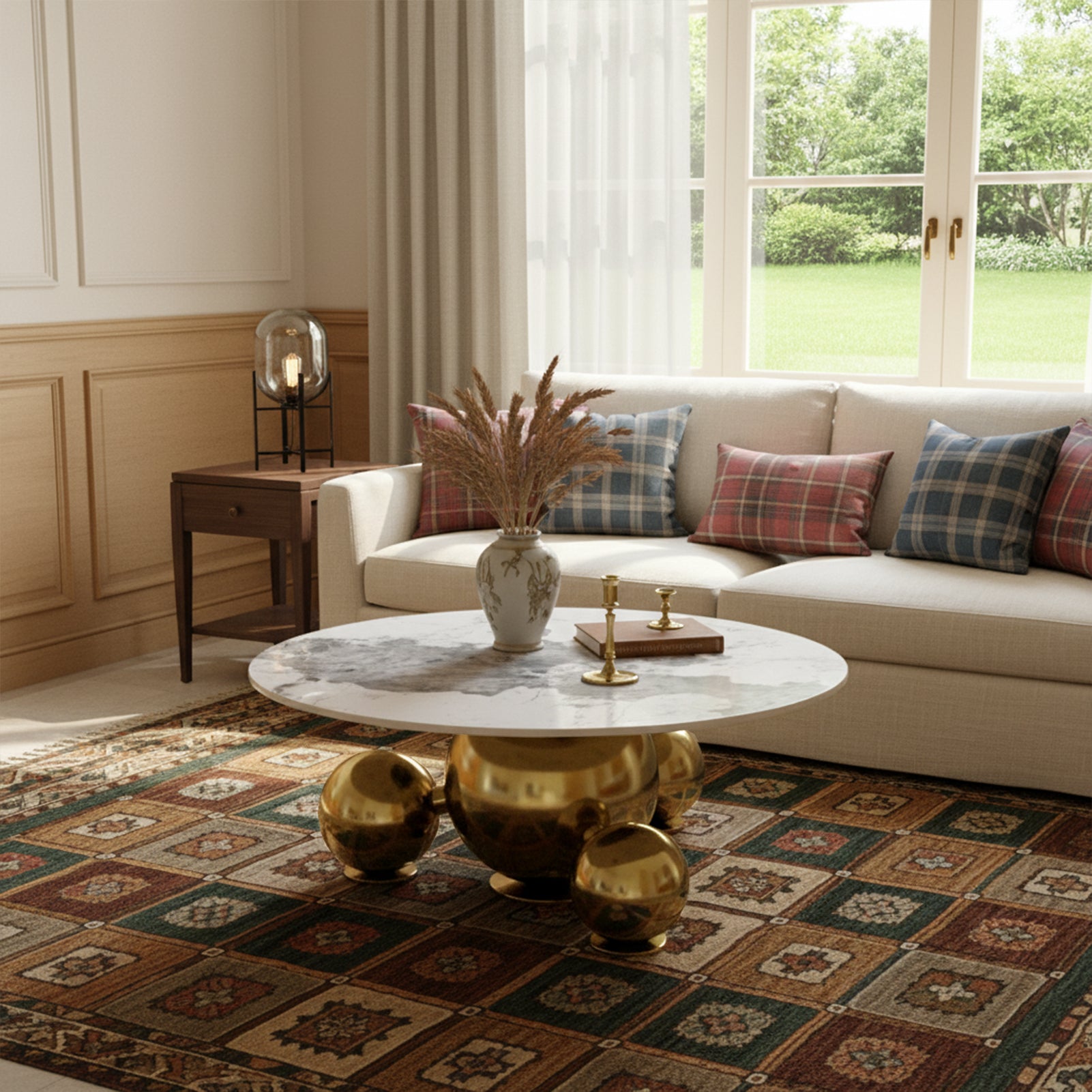 Modern Light Luxury Coffee Table with Marbled Tabletop & Gold Spherical Metal Base, 35.43" Wide
