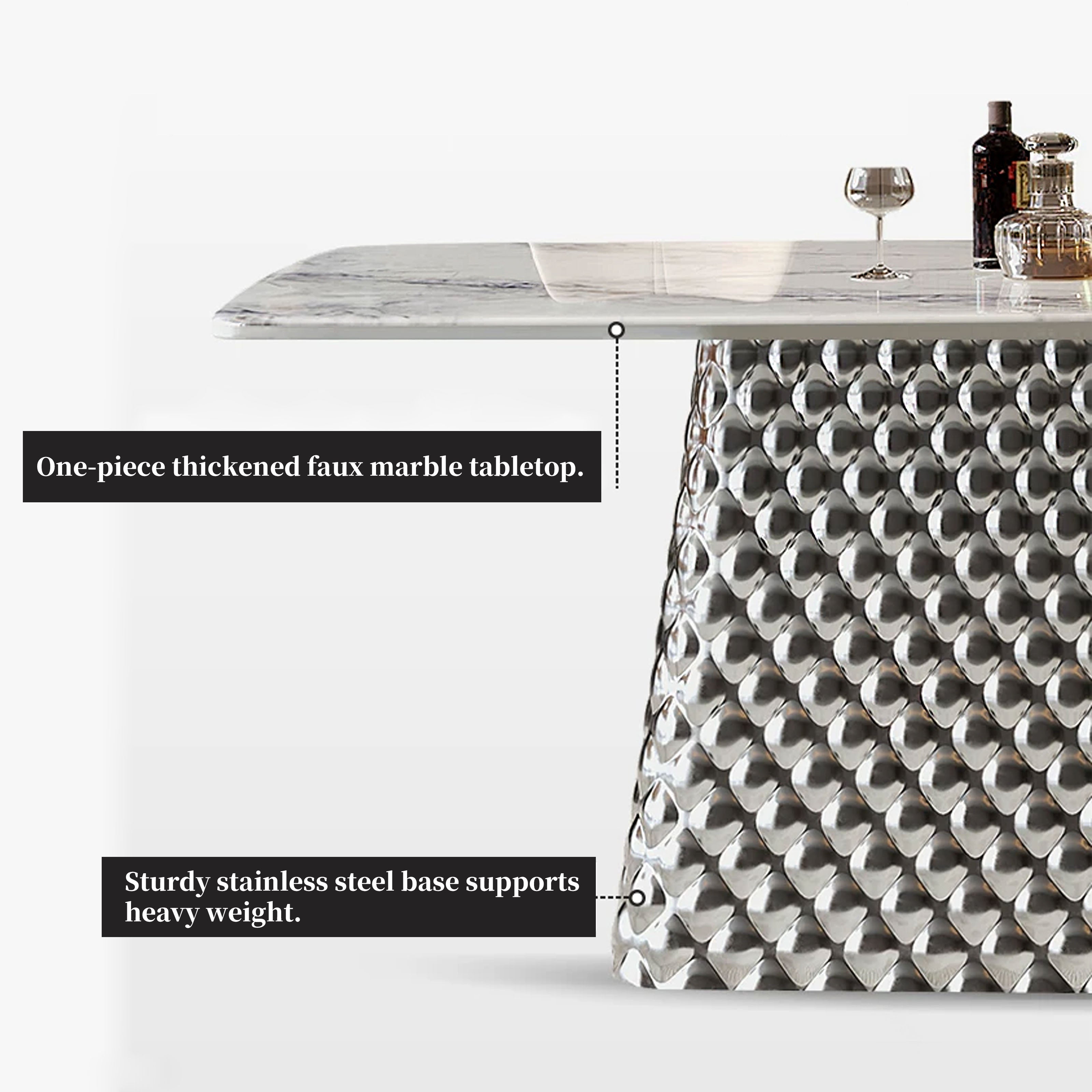 Modern Light Luxury 70.86" Dining Table with Marble - Look Tabletop and Diamond - Patterned Stainless Steel Base