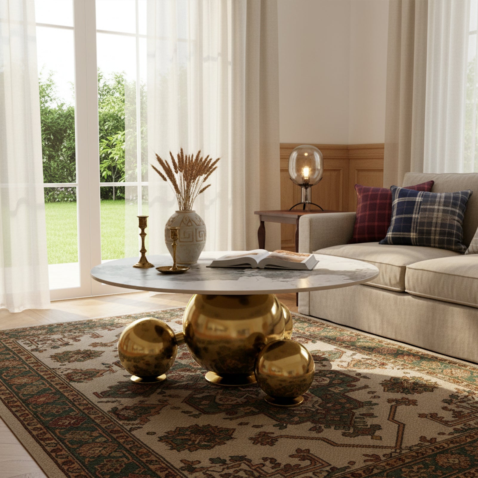 Modern Light Luxury Coffee Table with Marbled Tabletop & Gold Spherical Metal Base, 35.43" Wide