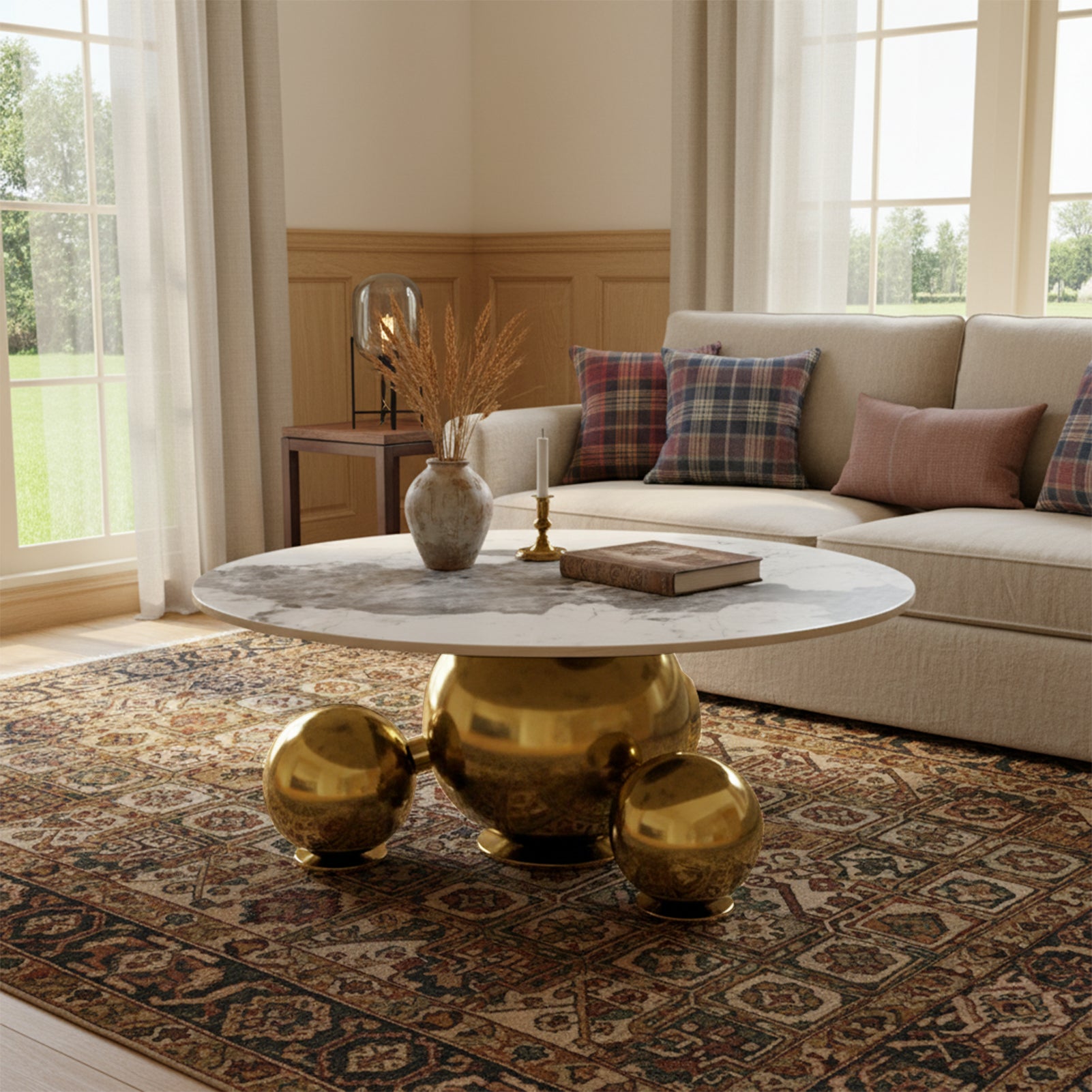Modern Light Luxury Coffee Table with Marbled Tabletop & Gold Spherical Metal Base, 35.43" Wide