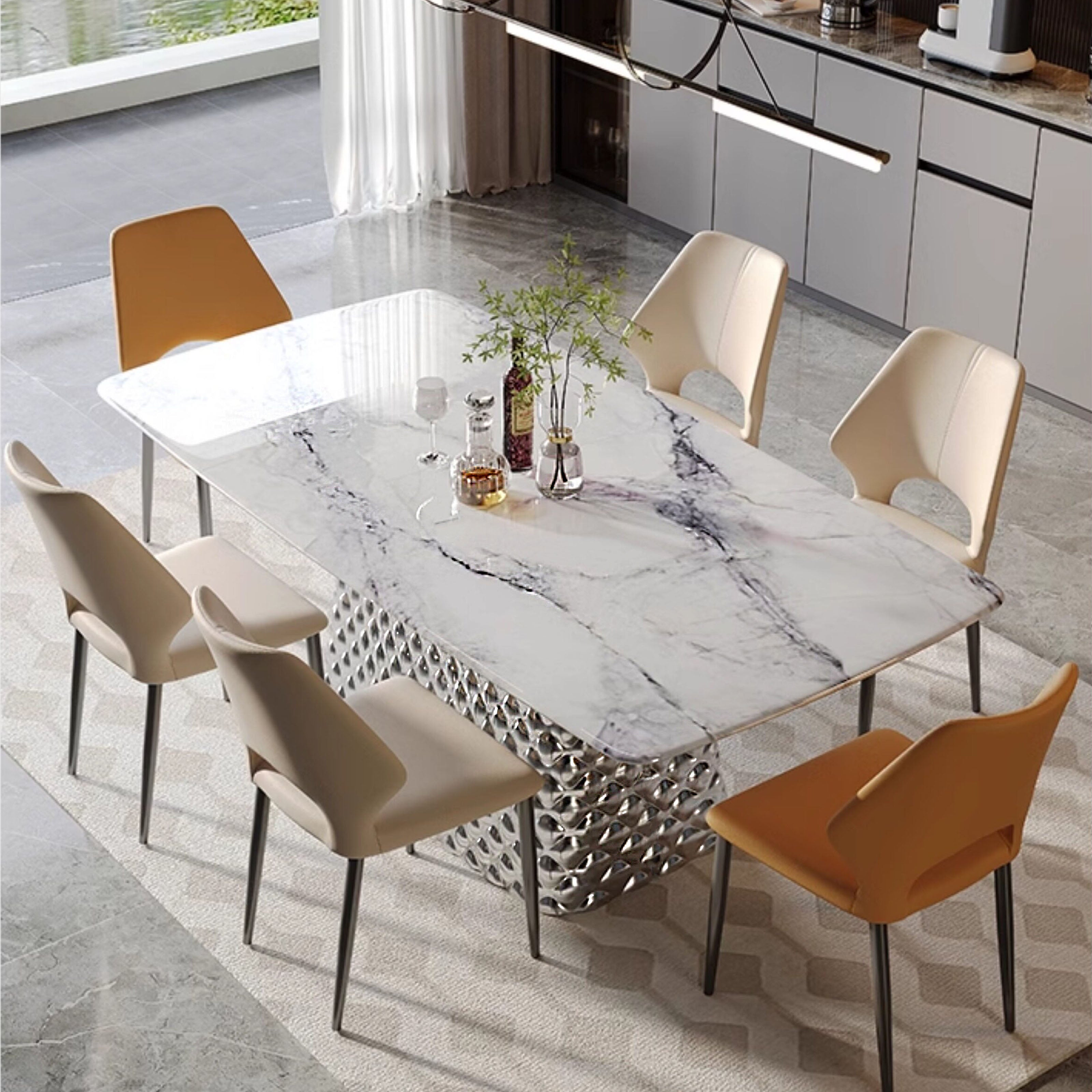 Modern Light Luxury 70.86" Dining Table with Marble - Look Tabletop and Diamond - Patterned Stainless Steel Base