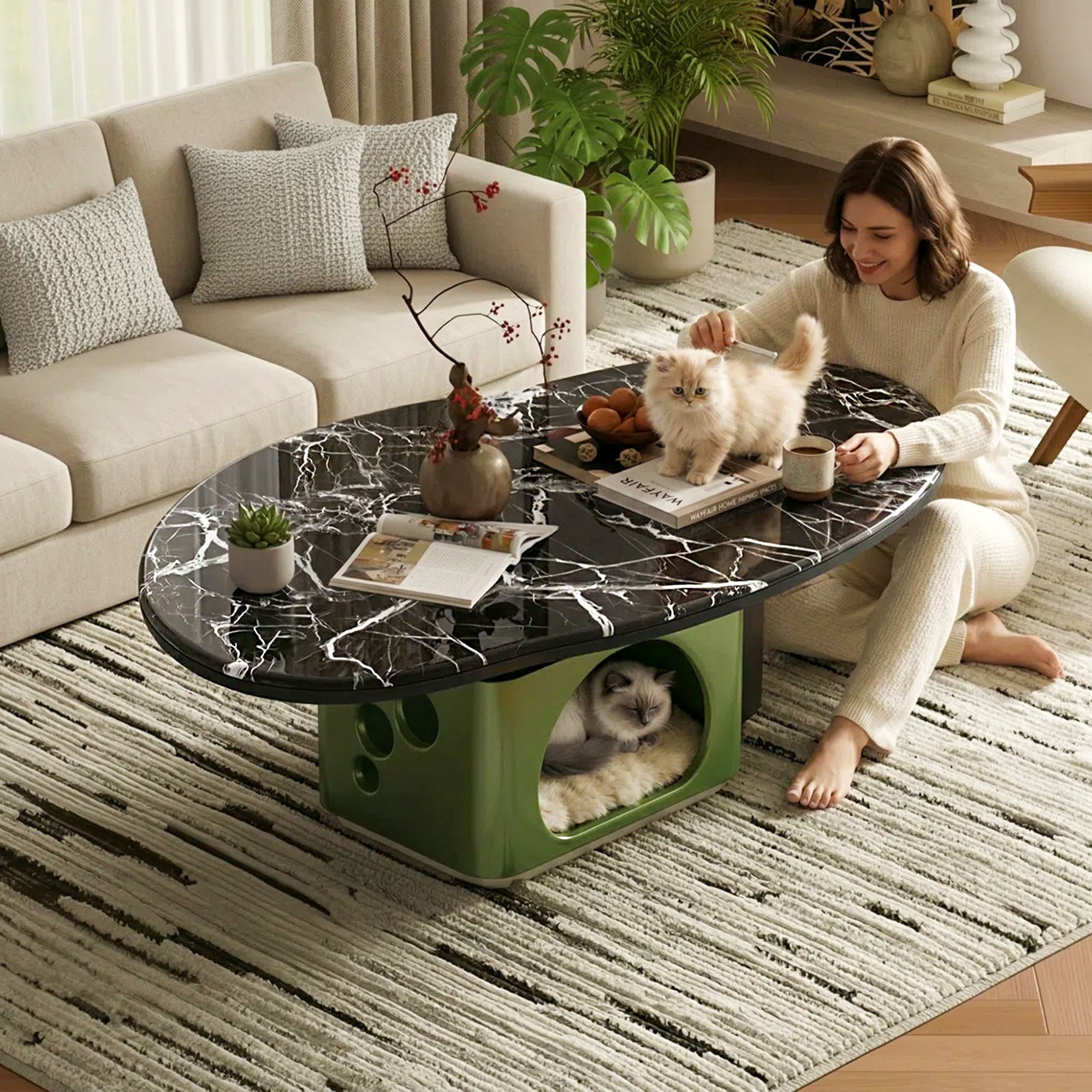 Luxury Pet-Friendly Coffee Table - Black Veined Marble Top with Cat Cave Base