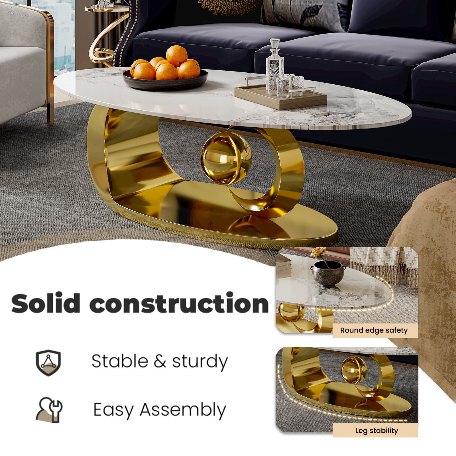 Modern Oval Coffee Table with Sintered Stone Top and Sculptural Stainless Steel Base - View 14