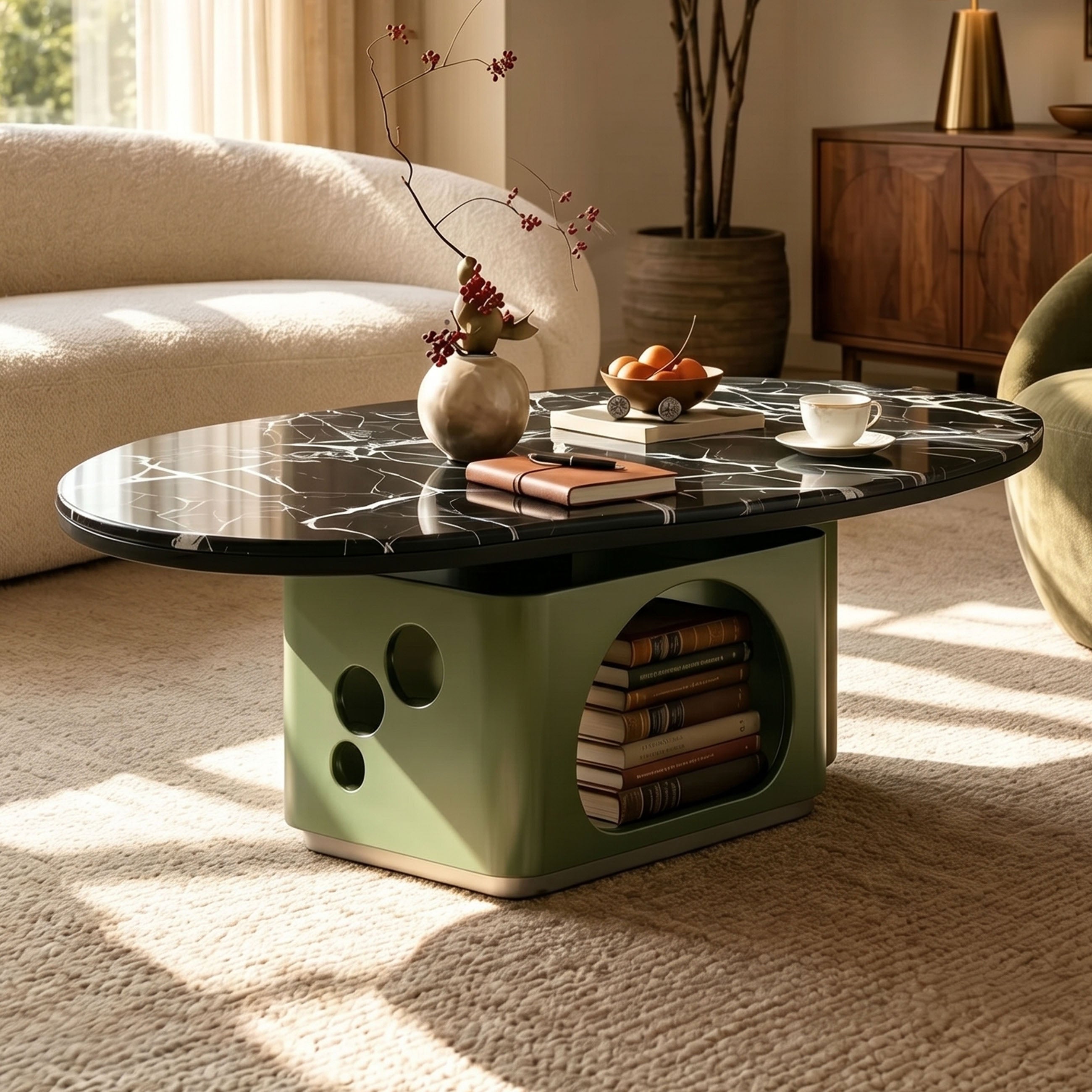 Luxury Pet-Friendly Coffee Table - Black Veined Marble Top with Cat Cave Base