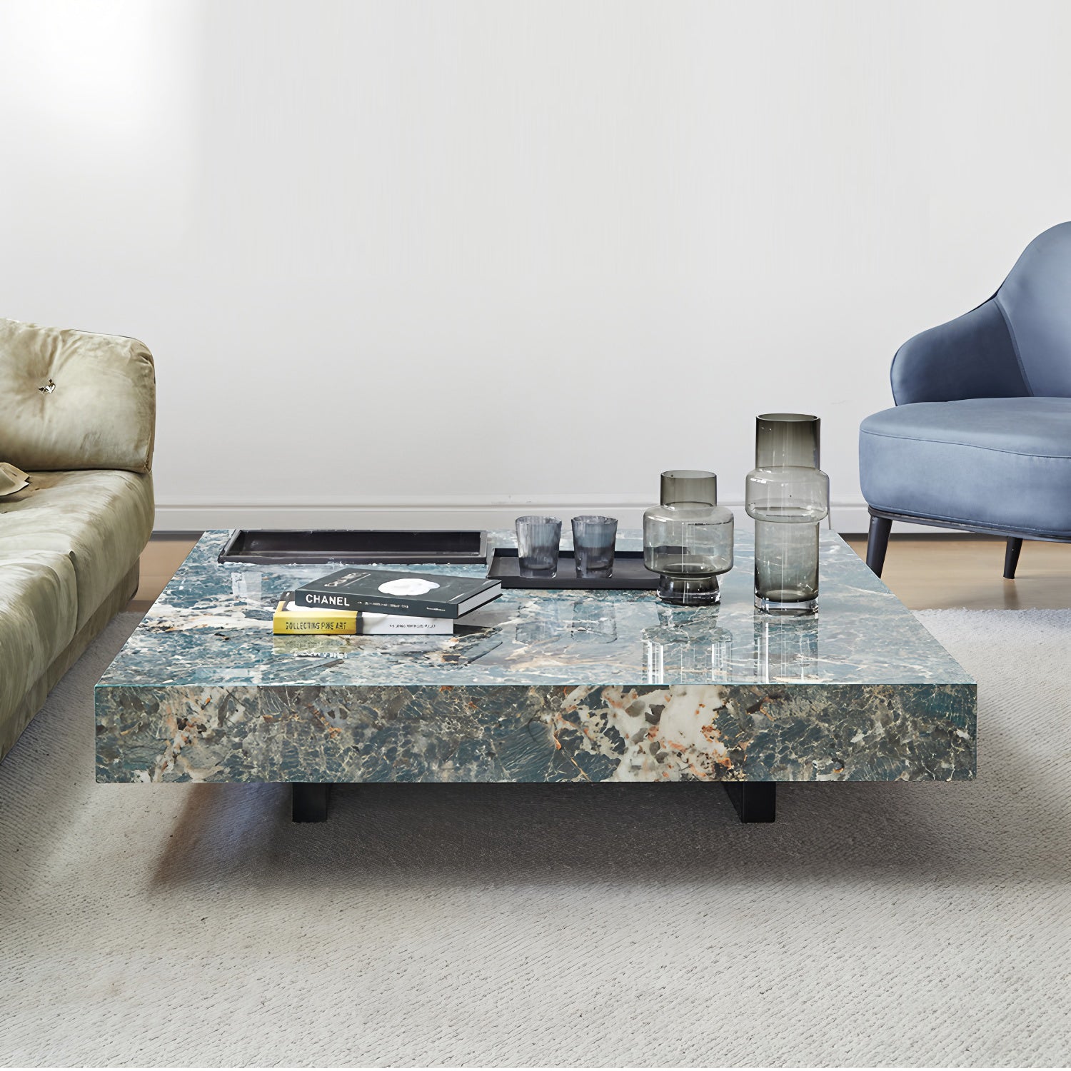 47.24" Square Faux Marble Coffee Table with Stainless Steel Base