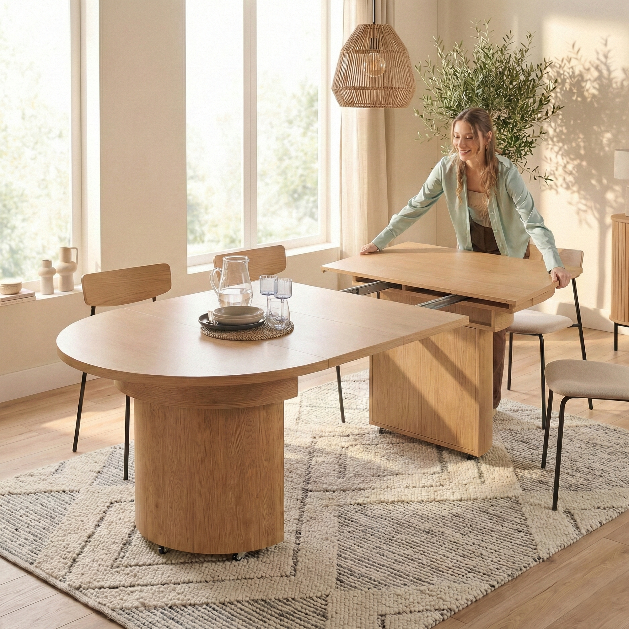 Extendable Wood Dining Table with Storage Cabinet, Seats Up to 10