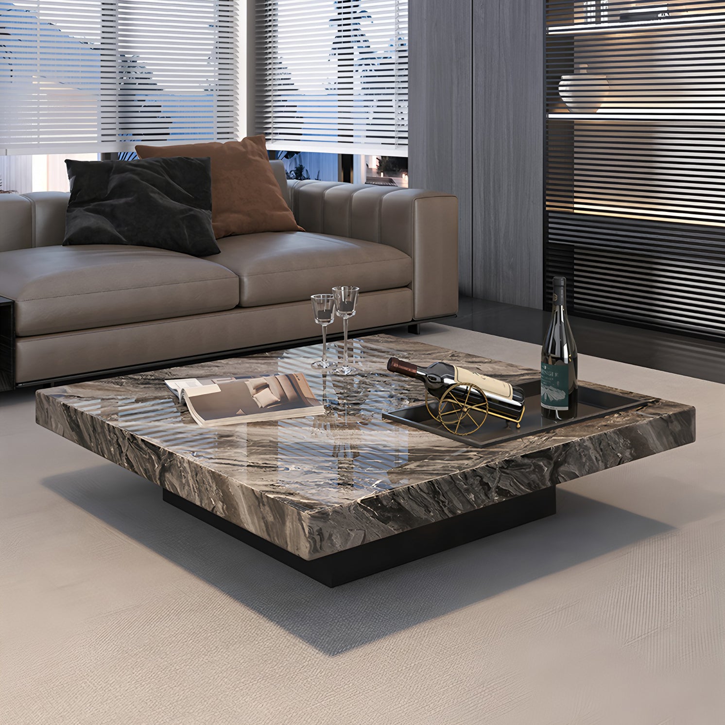 47.24" Square Faux Marble Coffee Table with Stainless Steel Base