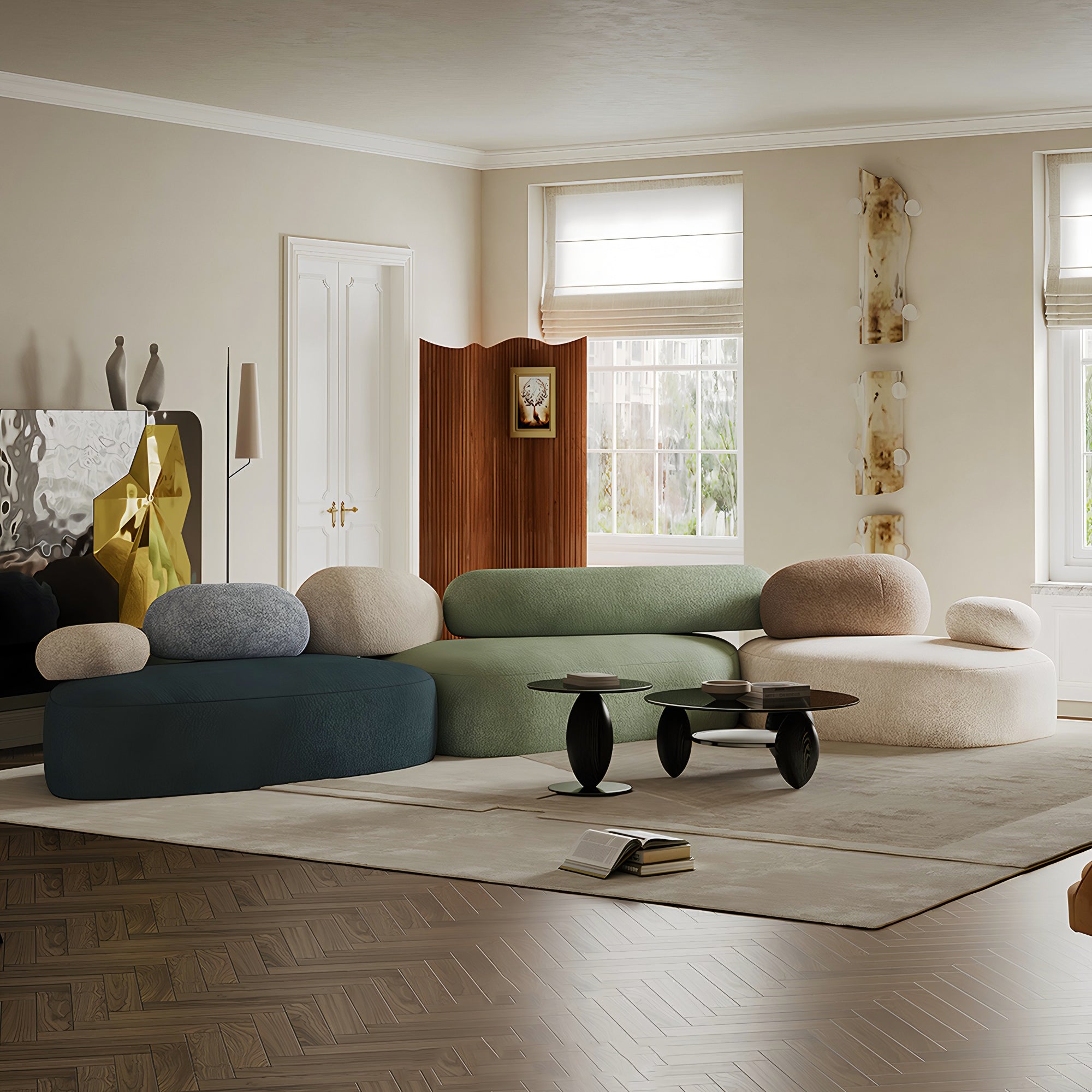 Pebble Modular Sofa in Navy, Green, and Beige