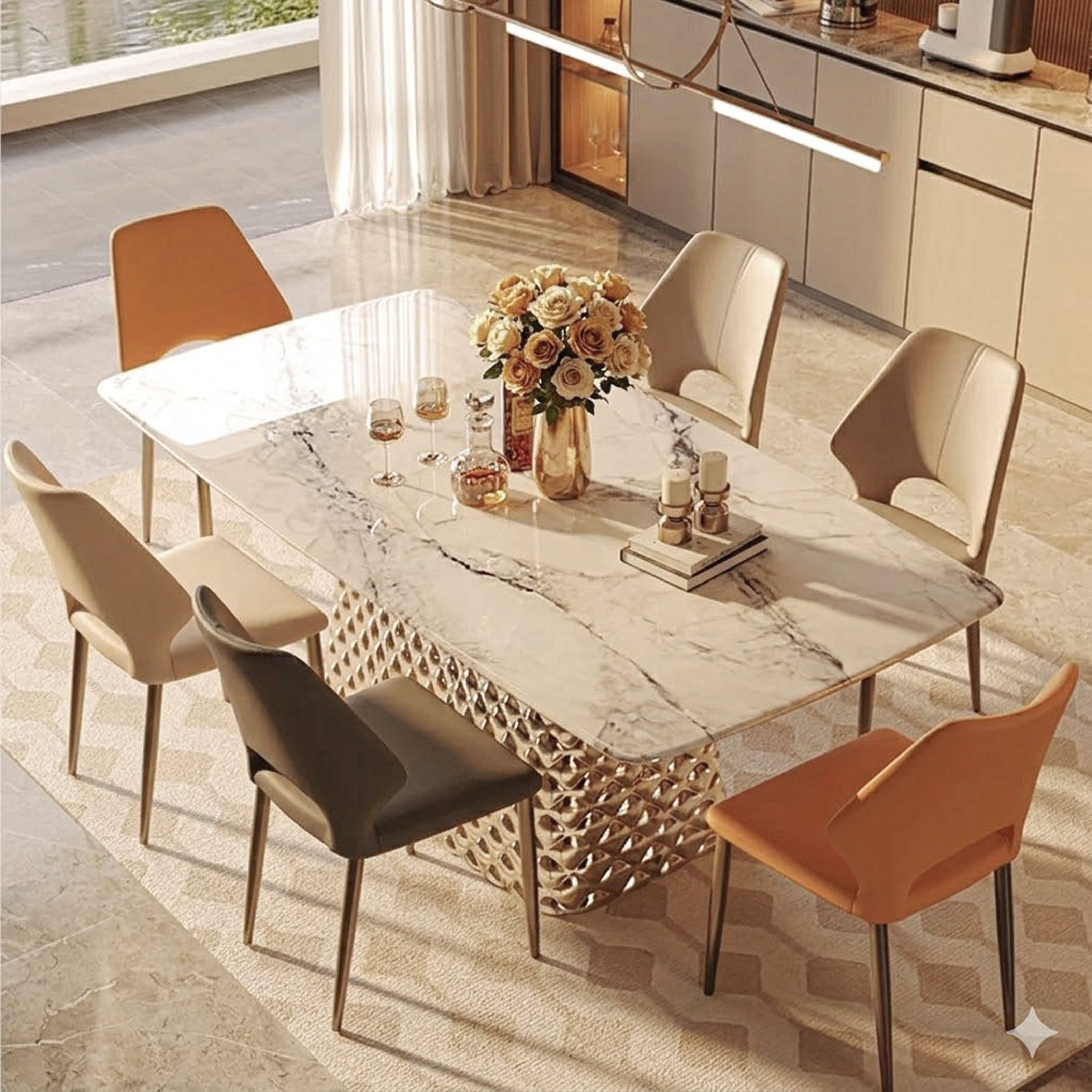Modern Light Luxury 70.86" Dining Table with Marble - Look Tabletop and Diamond - Patterned Stainless Steel Base