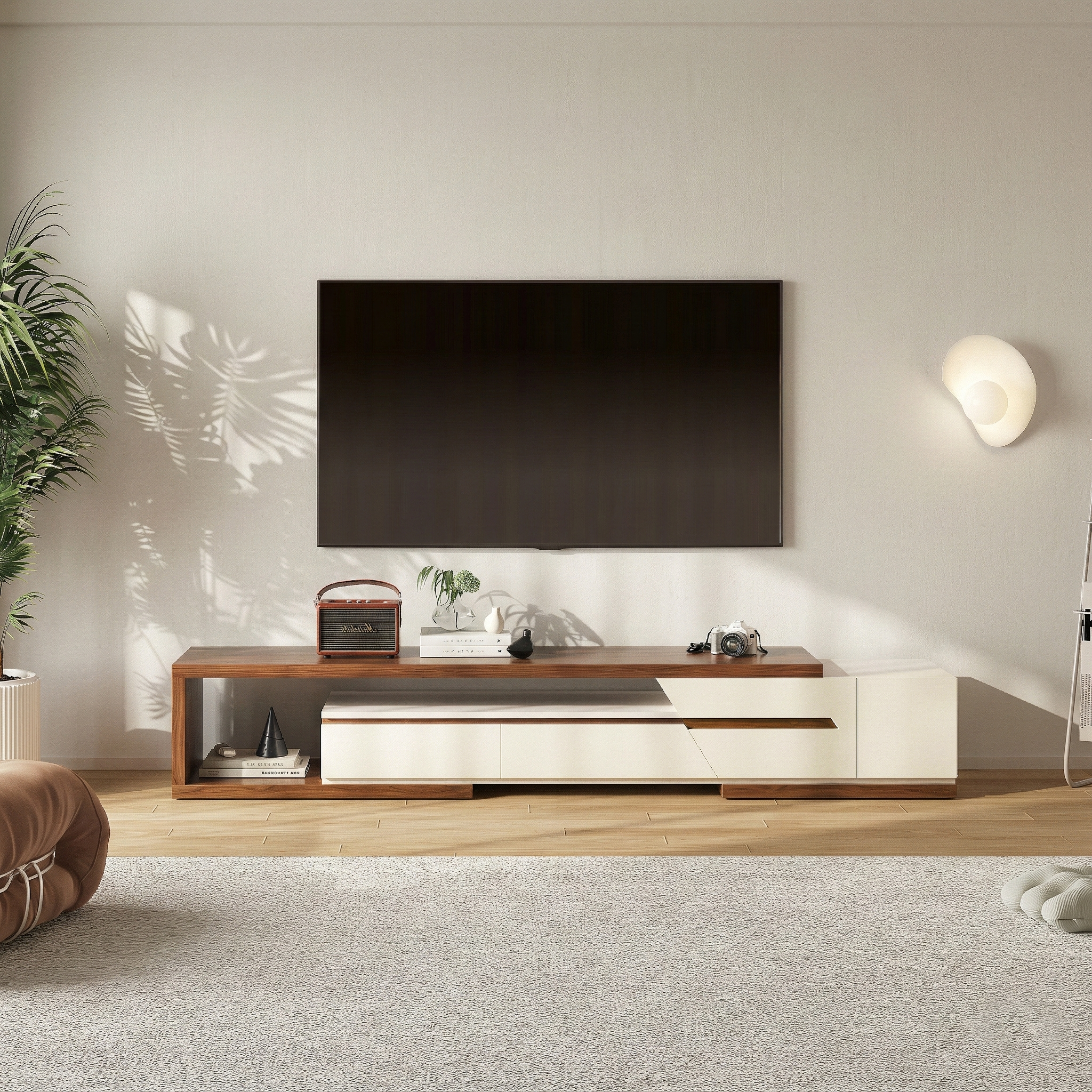 Extendable TV Stand with 3 Drawers and Open Shelf for TVs up to 110 Inches