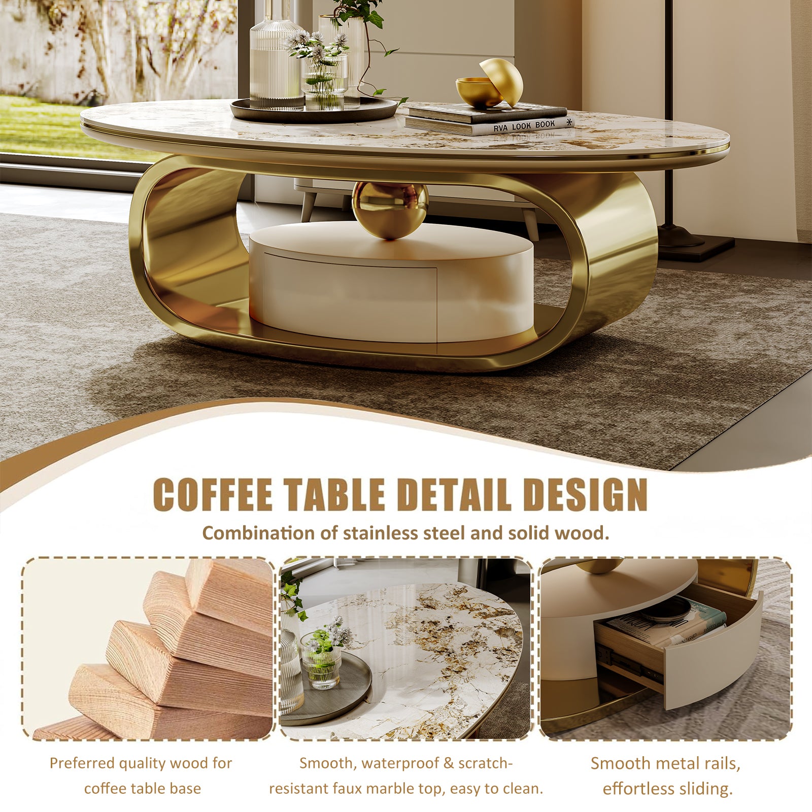 Modern Luxury Coffee Table: Scratch-Resistant Faux Marble Surface, Polished Gold Frame & Hidden Drawer