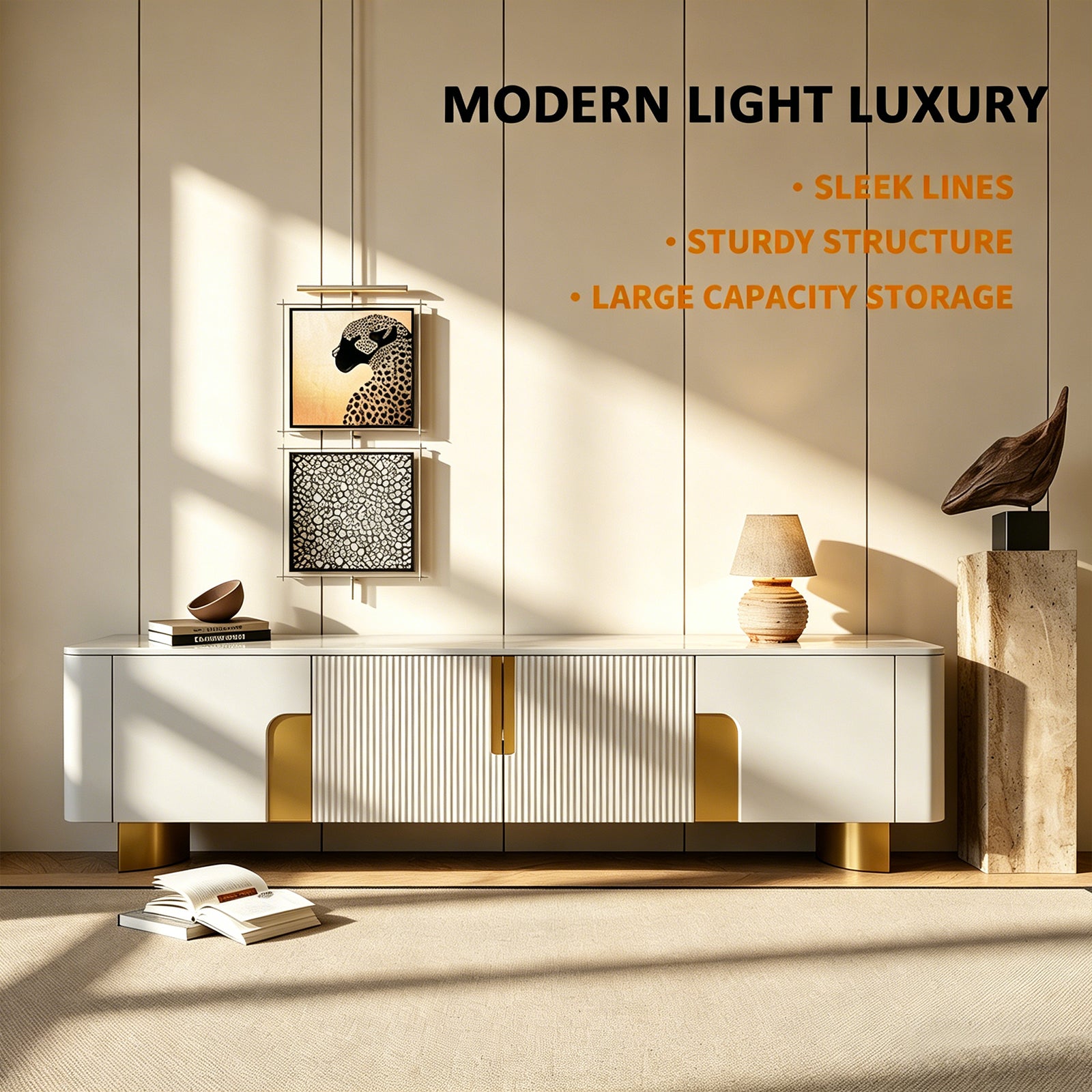 78.74'' Modern Faux Marble TV Stand with Gold Stainless Steel Base and 4 Storage Cabinets