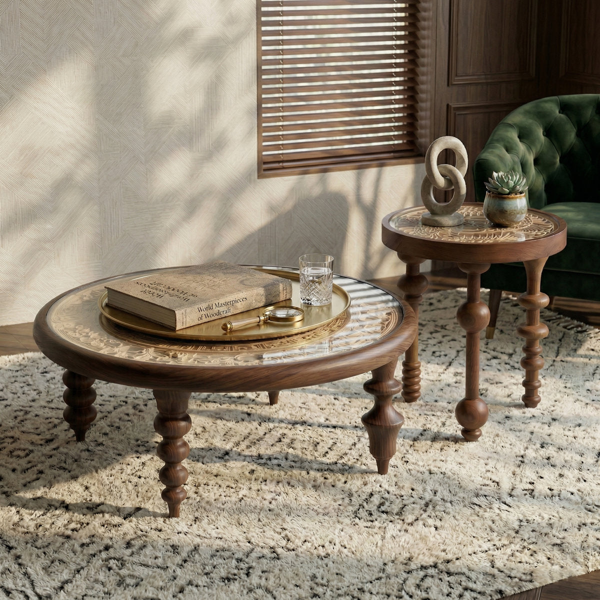 2-Piece Solid Ash Wood Round Nesting Coffee Table Set with 3D Layered Carved Wood & Glass Top - View 1