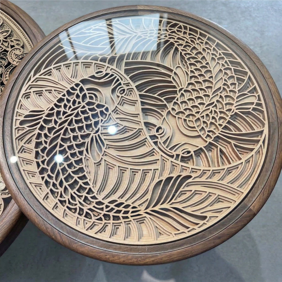 2-Piece Solid Ash Wood Round Nesting Coffee Table Set with 3D Layered Carved Wood & Glass Top - View 3