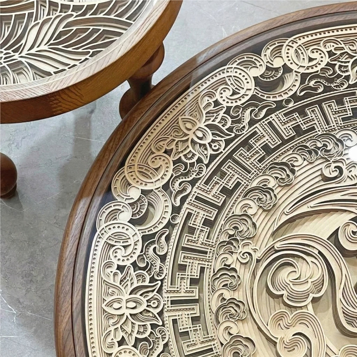 2-Piece Solid Ash Wood Round Nesting Coffee Table Set with 3D Layered Carved Wood & Glass Top - View 2