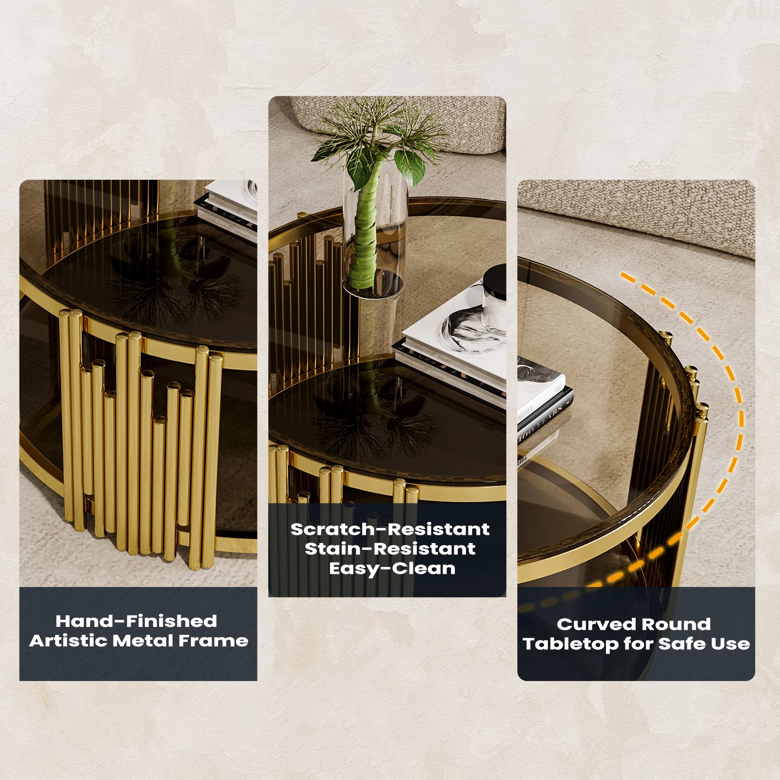 Modern Luxury Nesting Coffee Table Set - Gold Metal Frame & Smoked Glass Top (35.43" L)