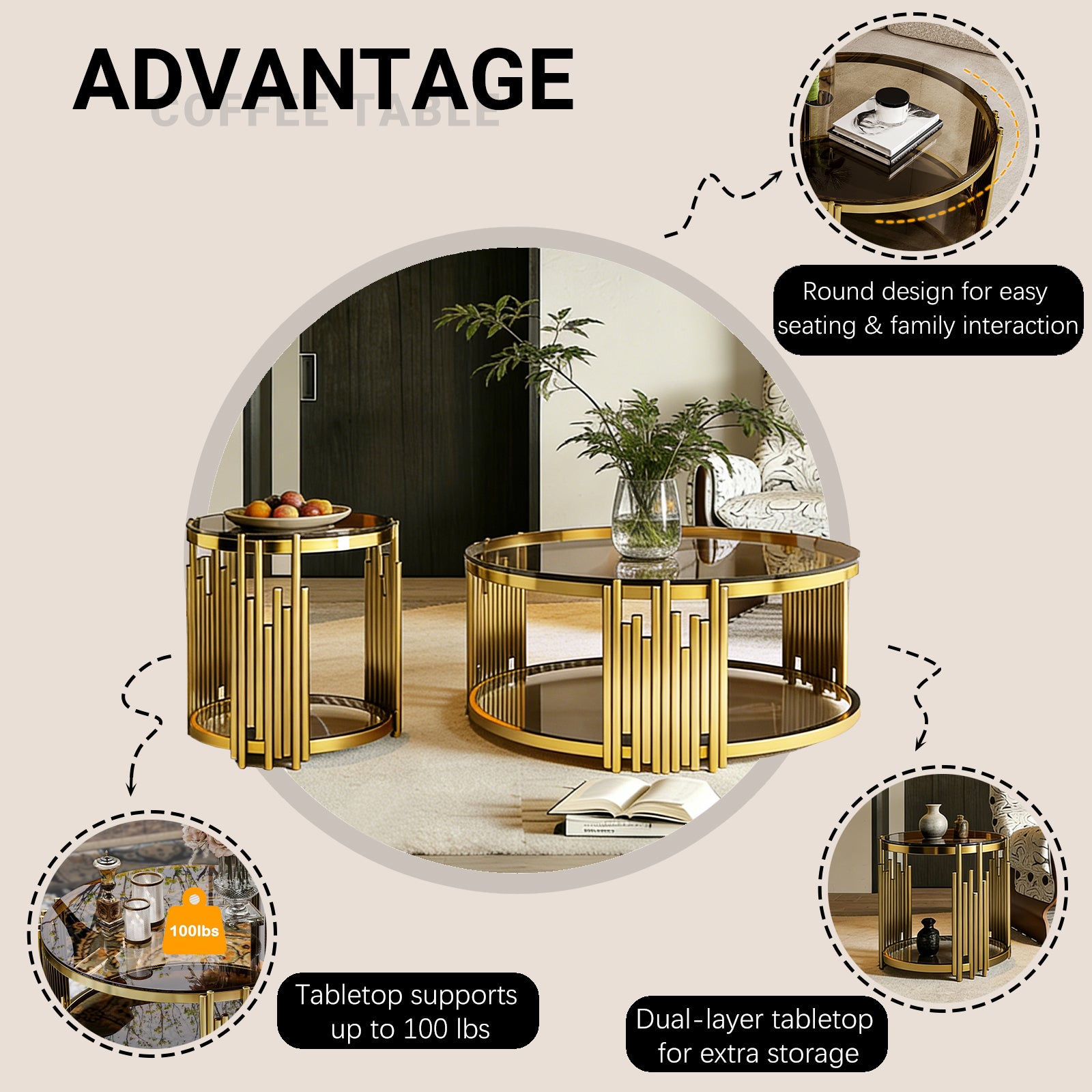 Modern Luxury Nesting Coffee Table Set - Gold Metal Frame & Smoked Glass Top (35.43" L)