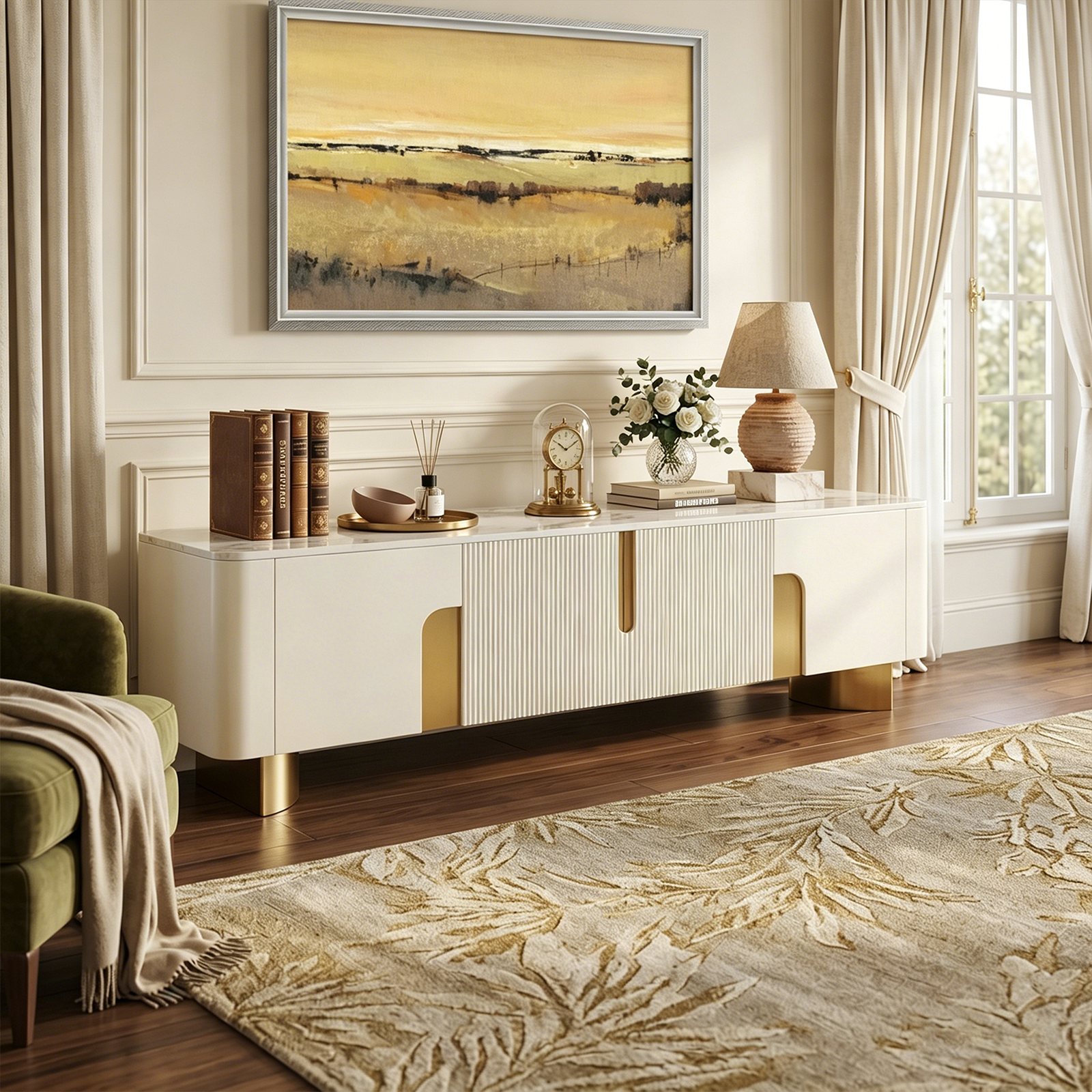78.74'' Modern Faux Marble TV Stand with Gold Stainless Steel Base and 4 Storage Cabinets