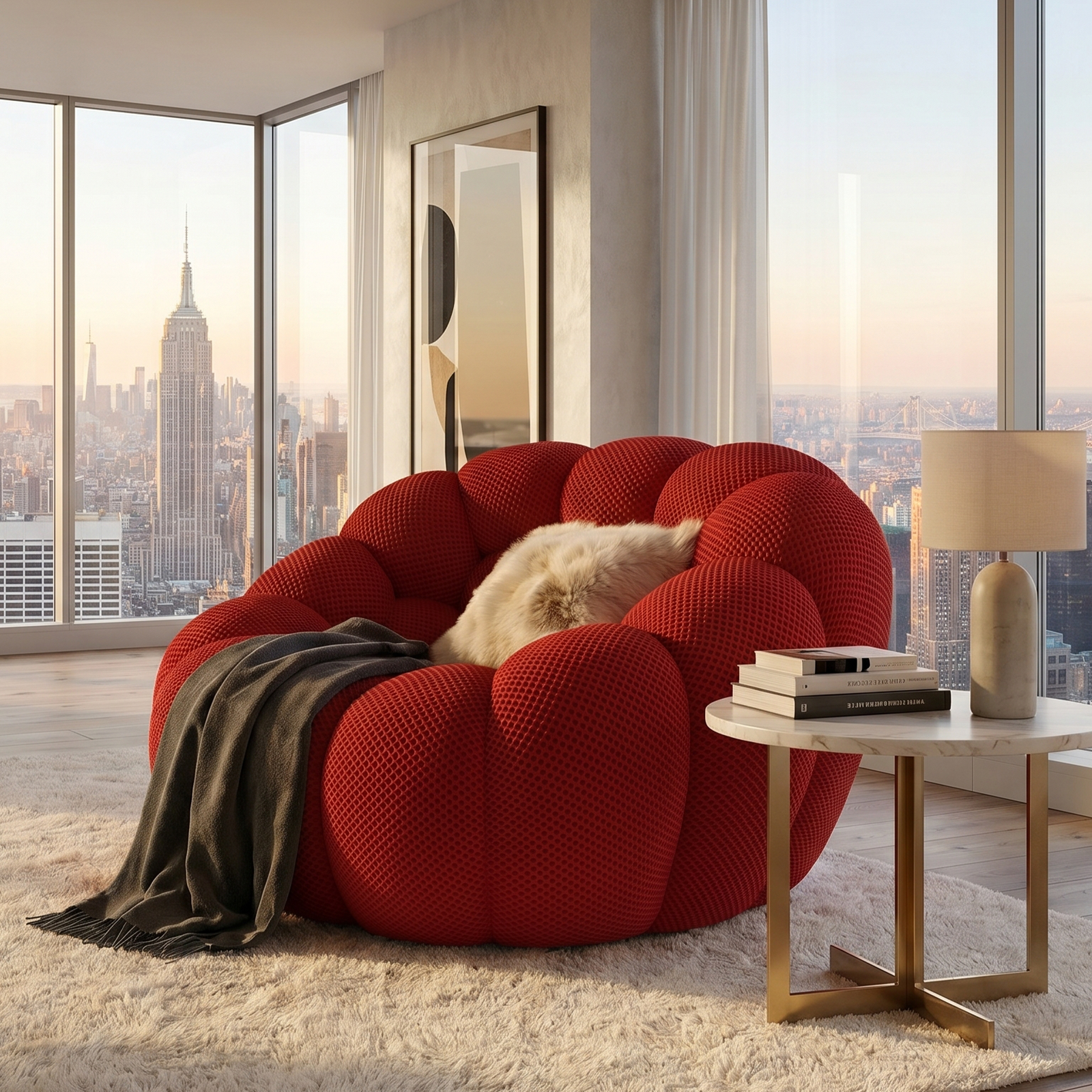 Modern Bubble Accent Sofa Chair in Red Breathable Honeycomb Fabric - View 1