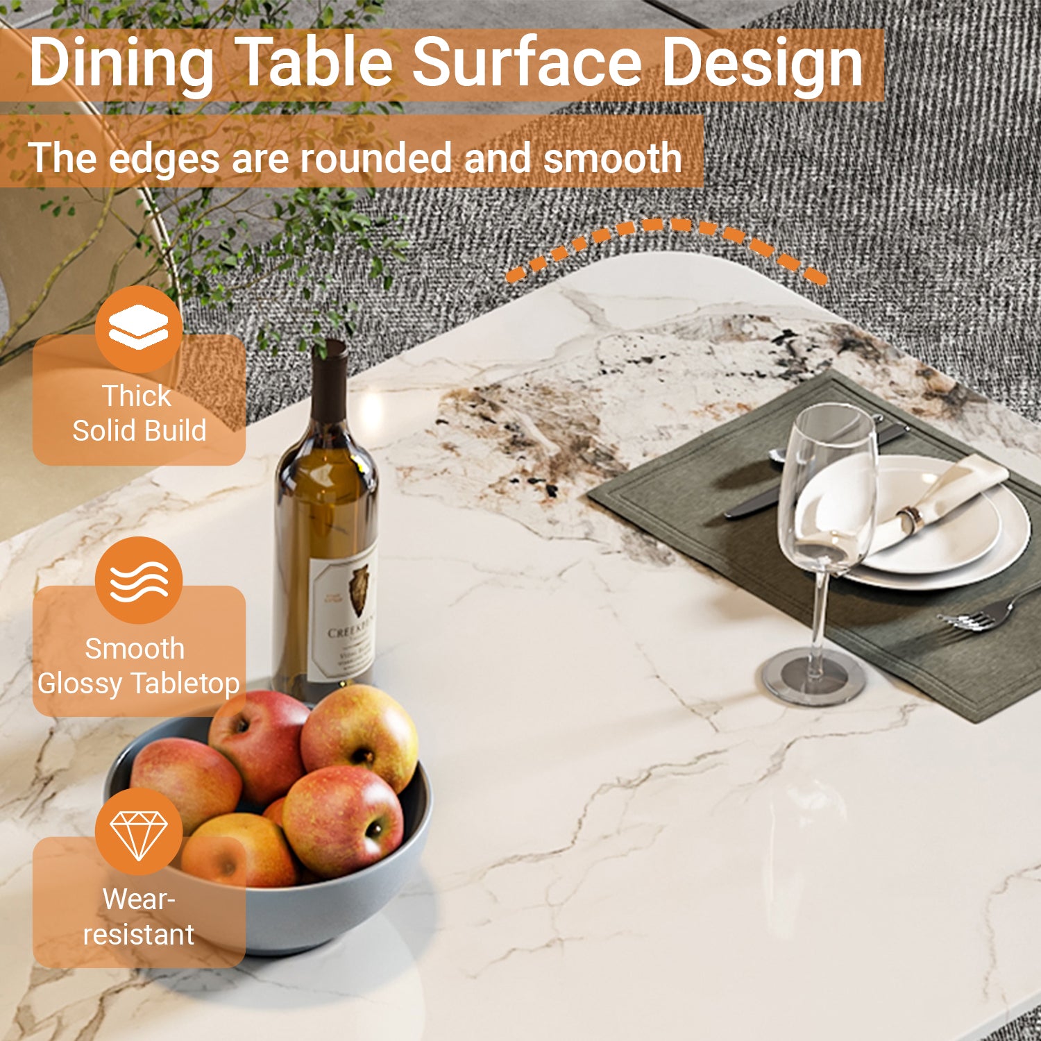 Modern Light Luxury 70.86" Dining Table with Marble - Look Tabletop and Diamond - Patterned Stainless Steel Base
