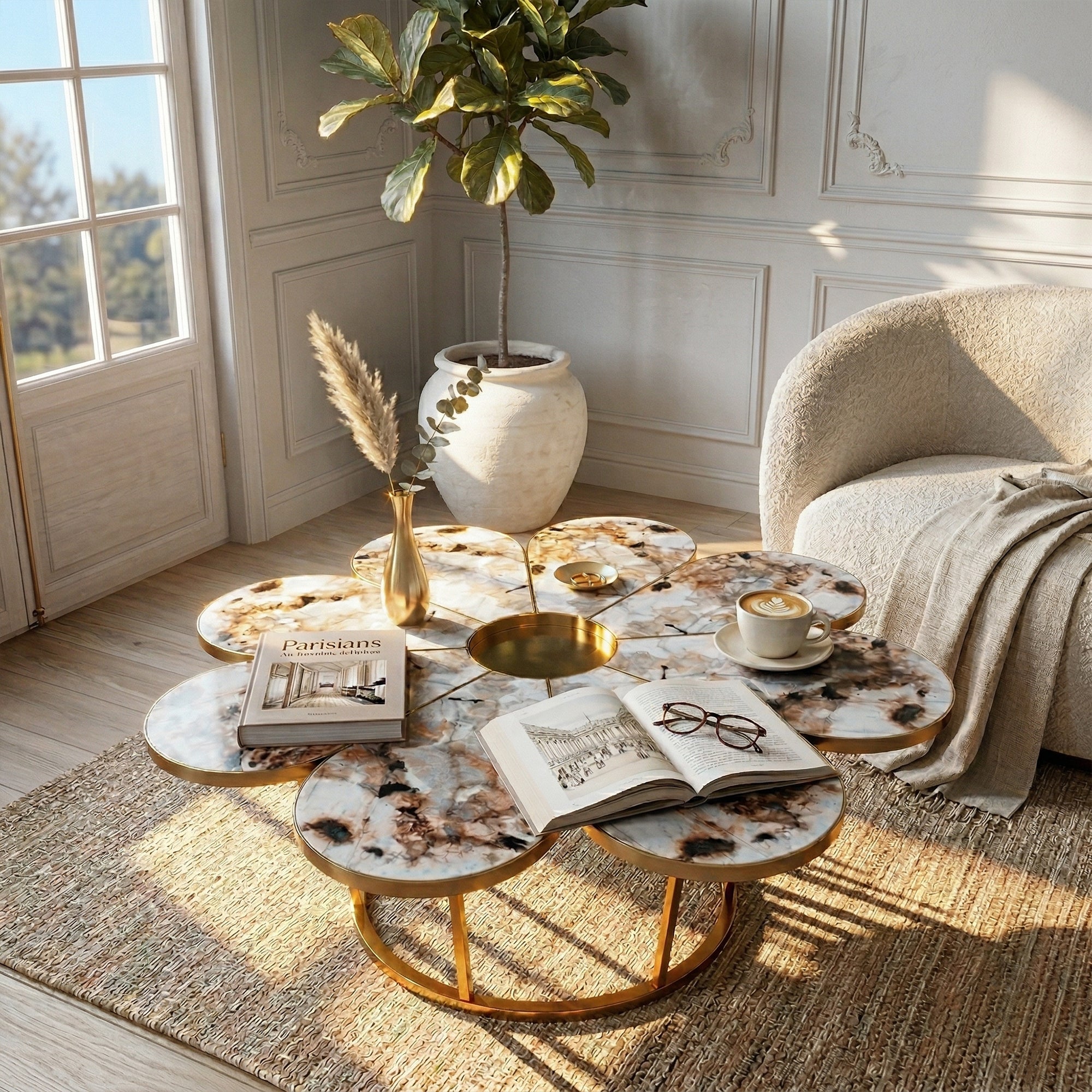 Flower-shaped faux marble coffee table with polished gold stainless steel base