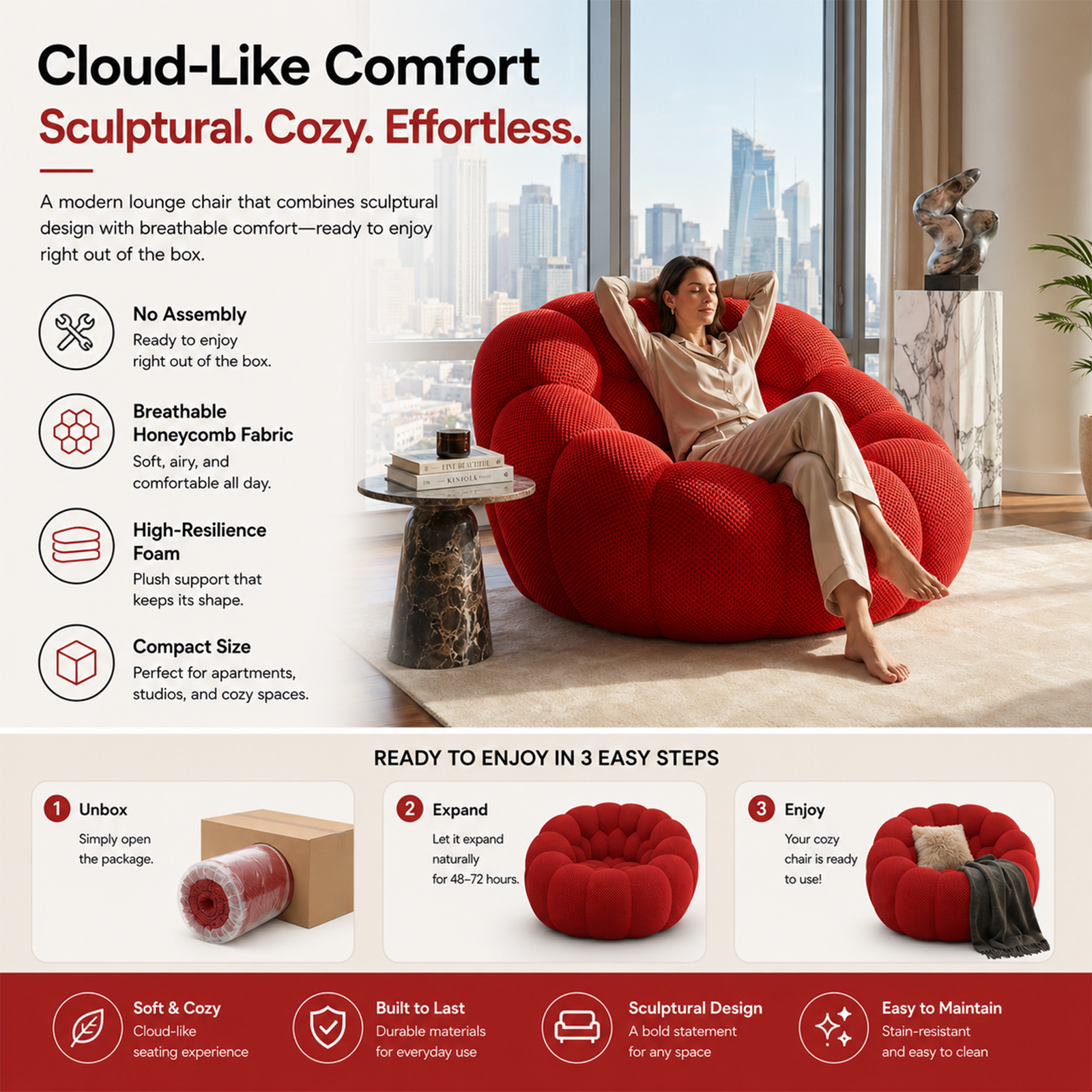 Modern Bubble Accent Sofa Chair in Red Breathable Honeycomb Fabric - View 6