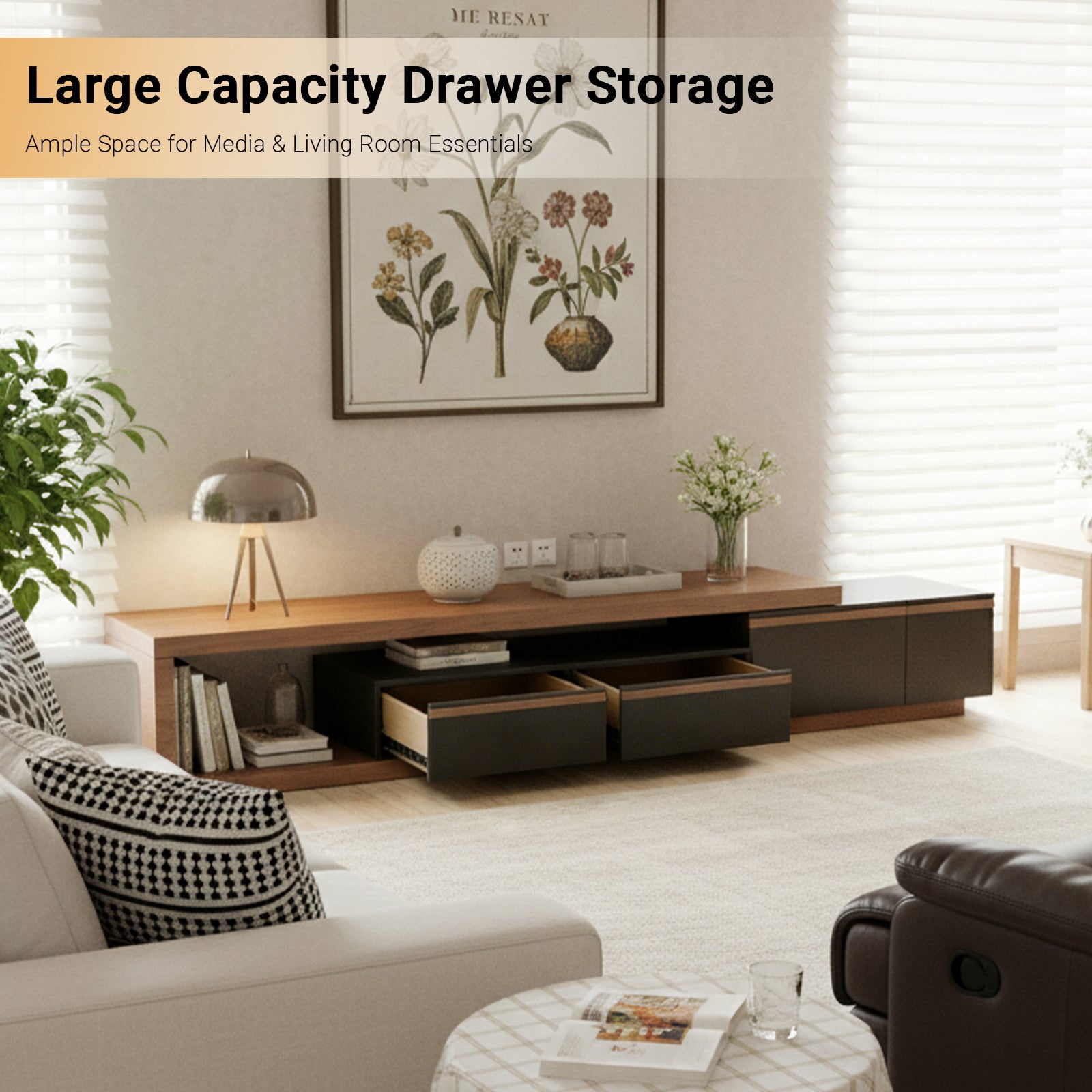 Adjustable-Length Modern Light Luxury TV Stand: Walnut Veneer Top & Spacious Storage