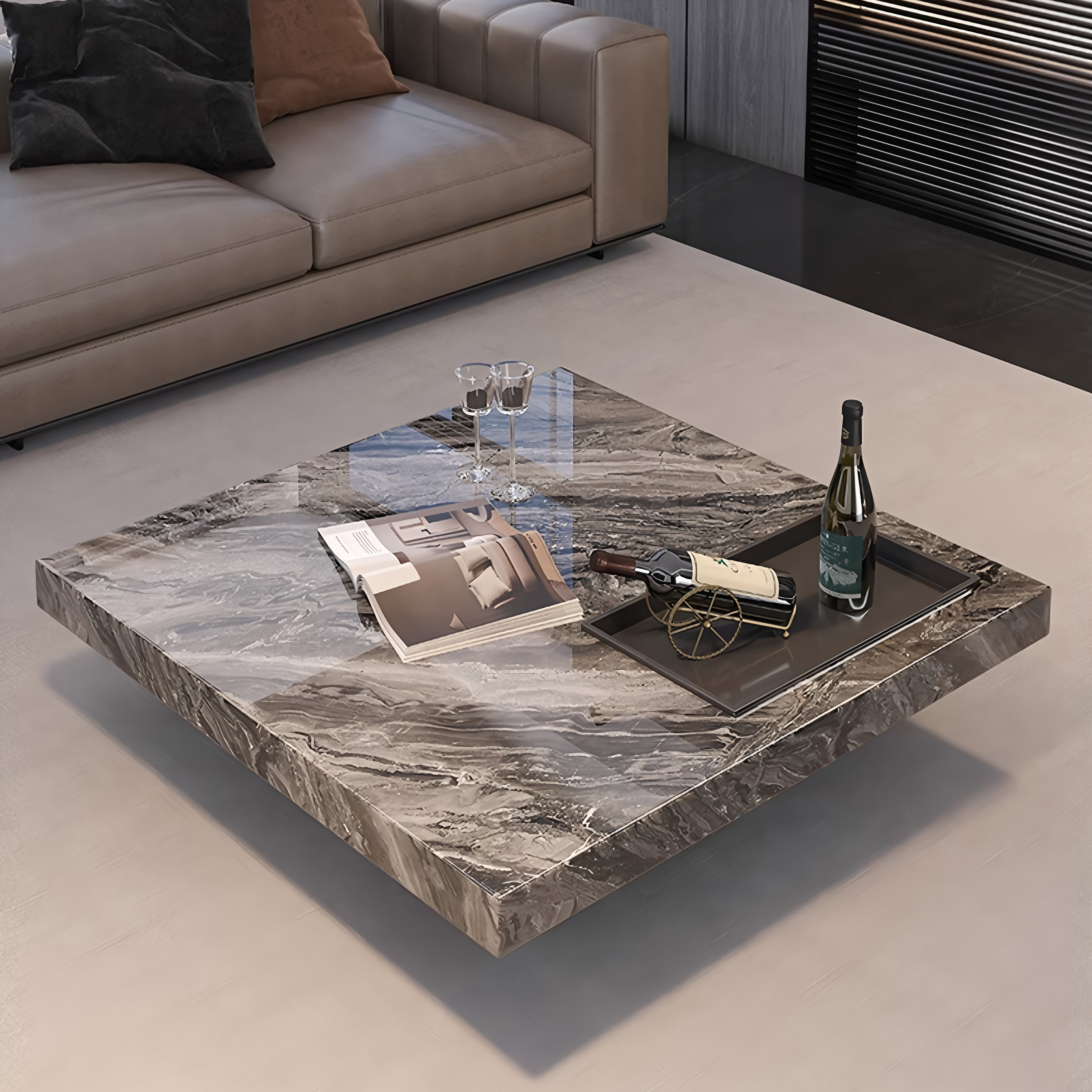47.24" Square Faux Marble Coffee Table with Stainless Steel Base