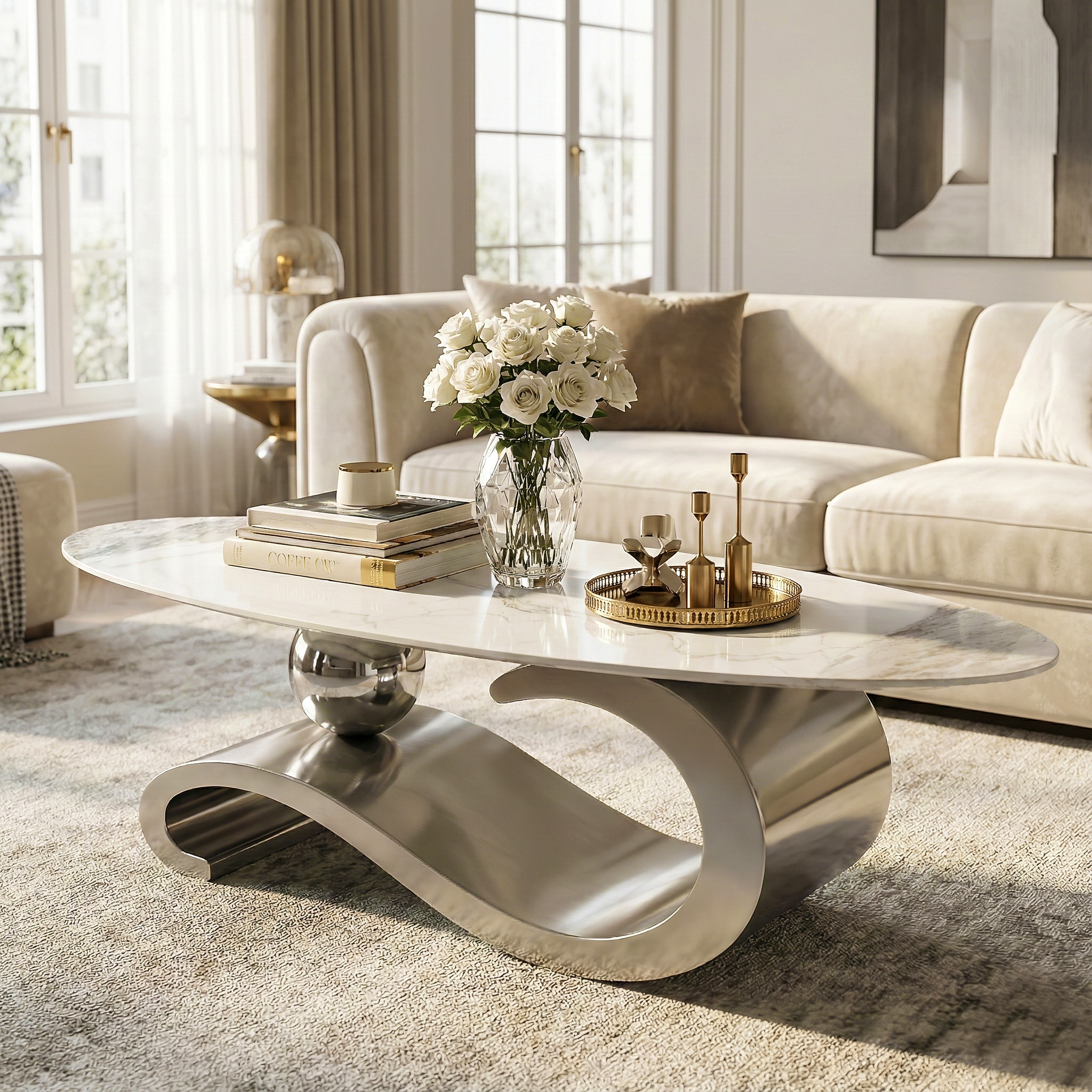 51.2" Oval Faux Marble Coffee Table with Silver Stainless Steel Base