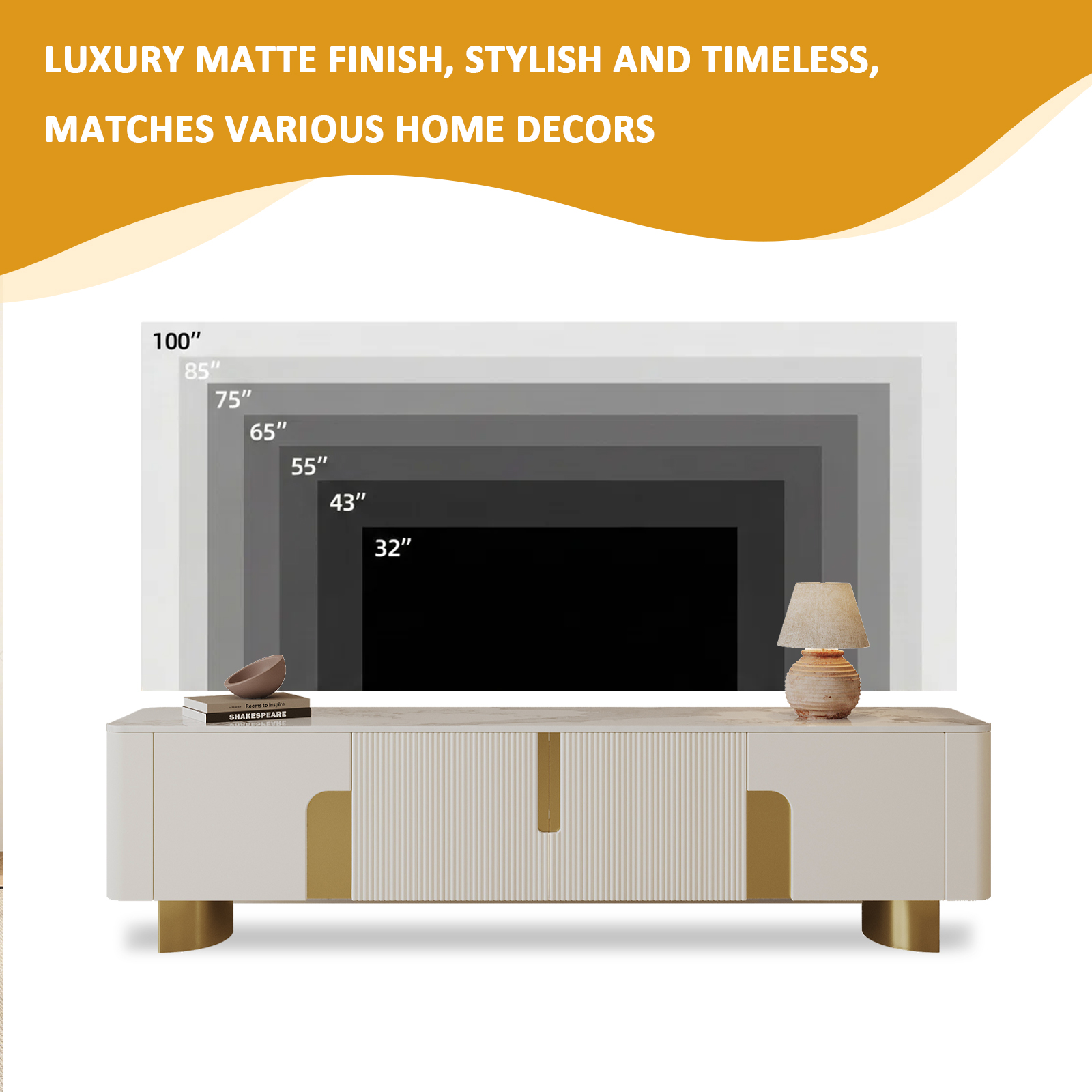 78.74'' Modern Faux Marble TV Stand with Gold Stainless Steel Base and 4 Storage Cabinets