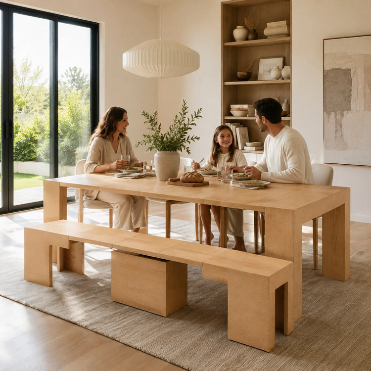 118.11'' Modern Organic Style Solid Wood Extendable Dining Table and Chair Set, Three-piece Set, Can Seat 4-12 People