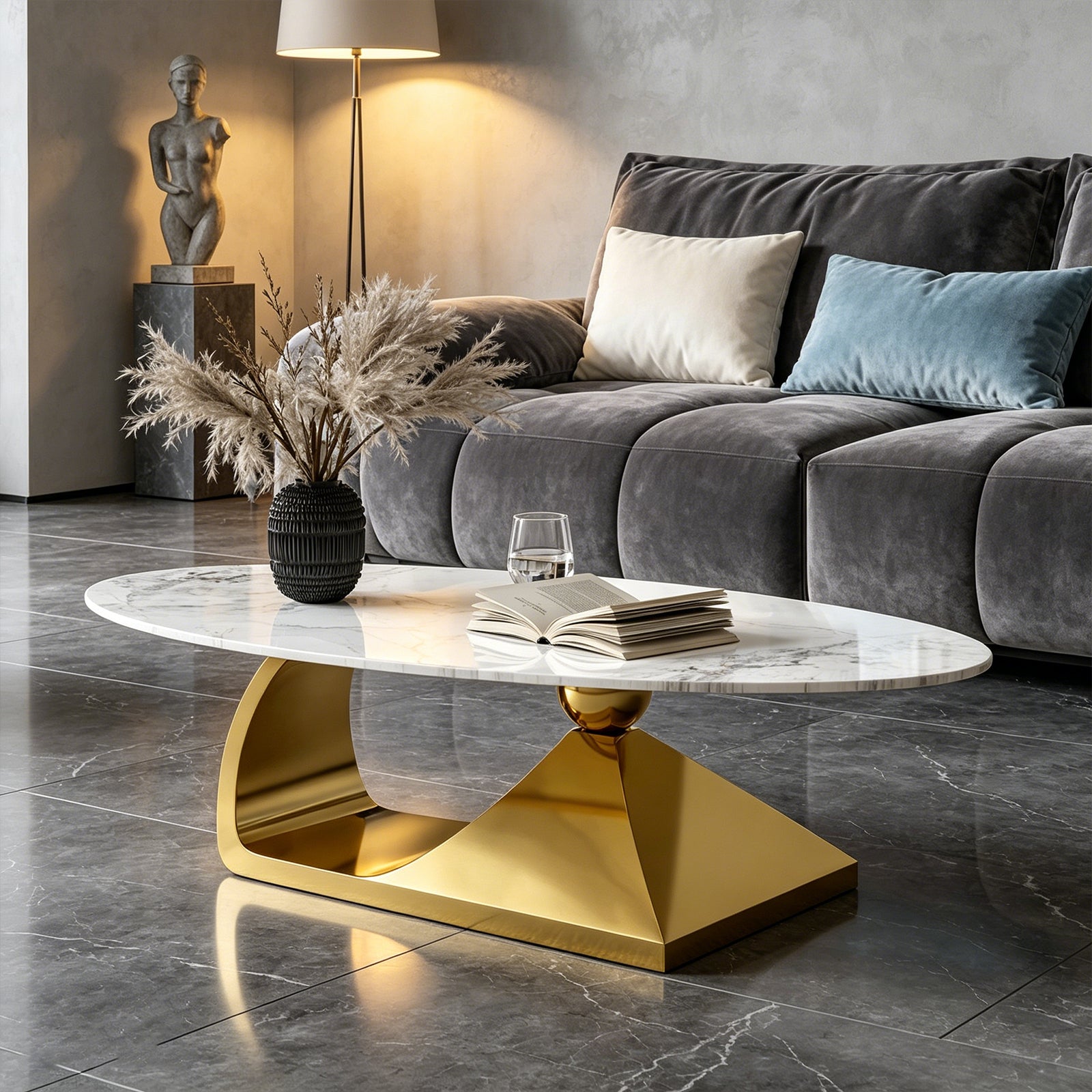 Modern Luxury Oval Artificial Marble Coffee Table for Living Room Center