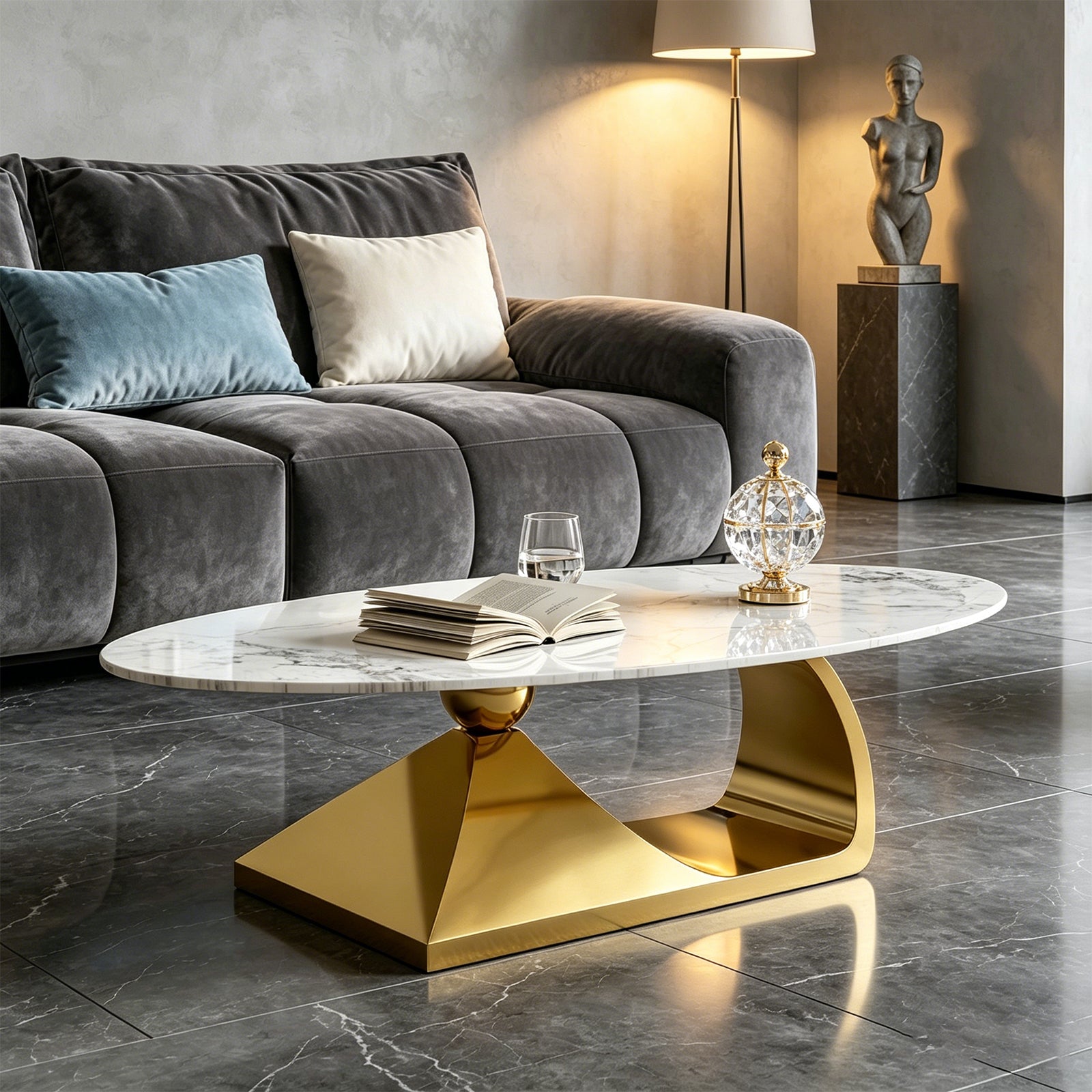 Modern Luxury Oval Artificial Marble Coffee Table for Living Room Center