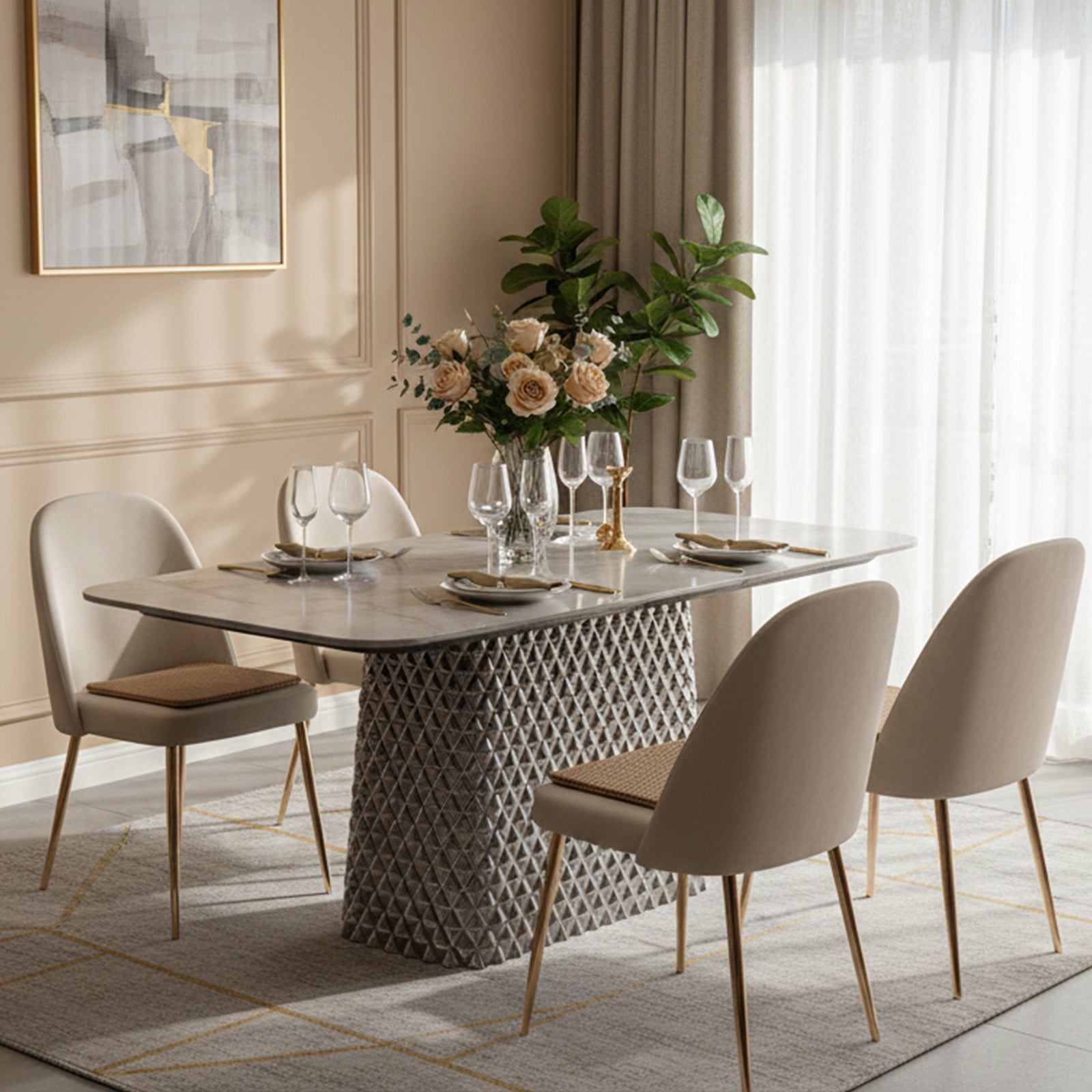 Modern Light Luxury 70.86" Dining Table with Marble - Look Tabletop and Diamond - Patterned Stainless Steel Base