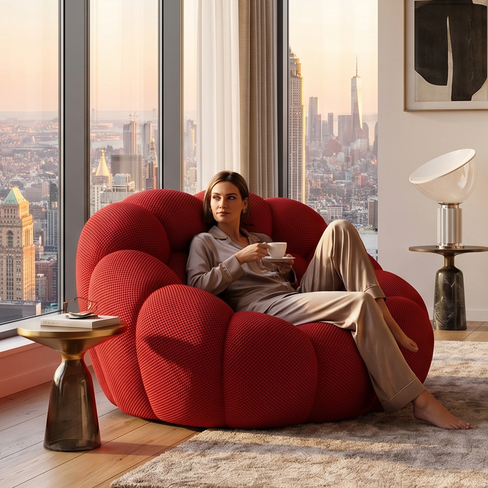 Modern Bubble Accent Sofa Chair in Red Breathable Honeycomb Fabric - View 9