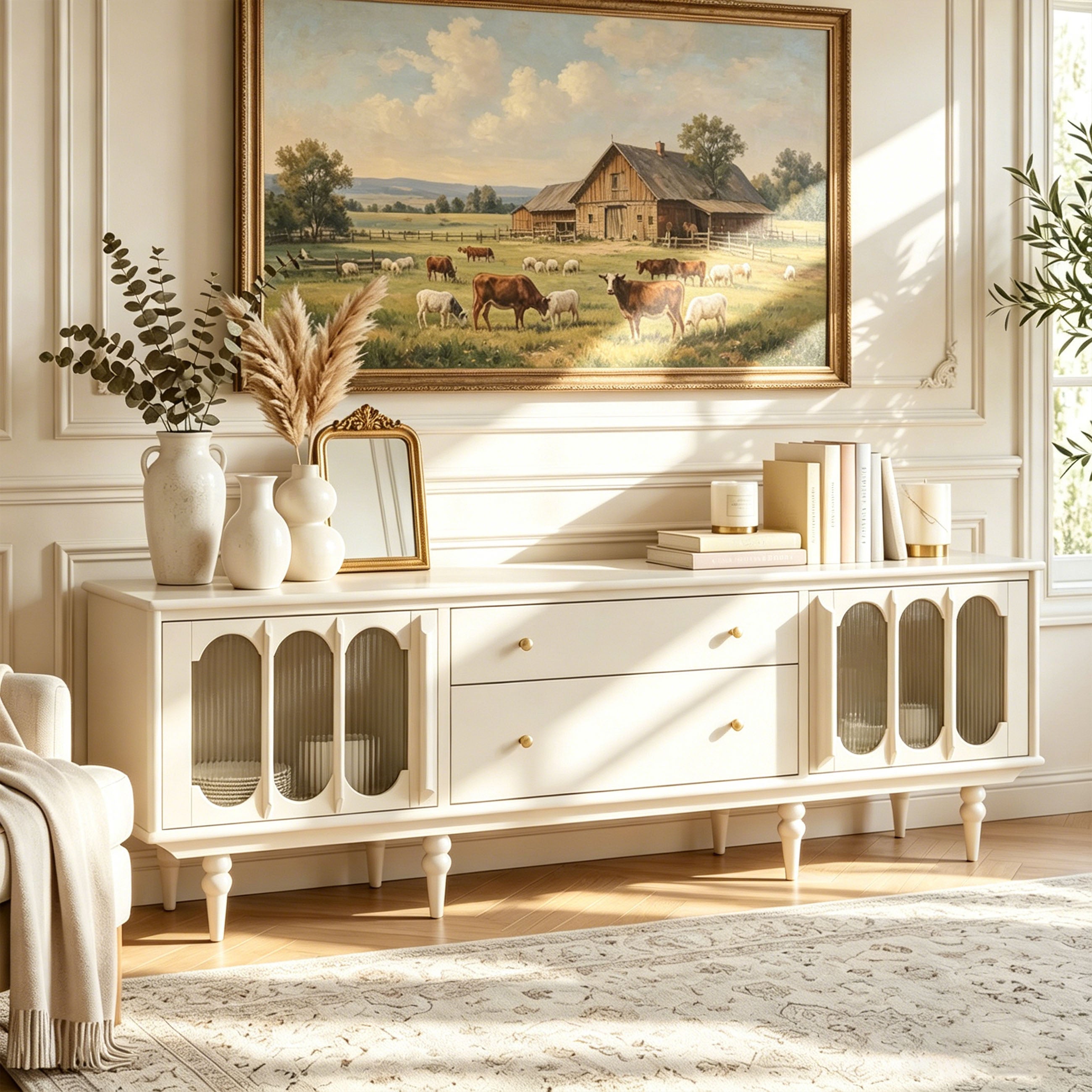 78.74" French Country TV Stand for 75-85 Inch TVs, Cream White TV Console with Arched Fluted Glass Doors & Storage Drawers