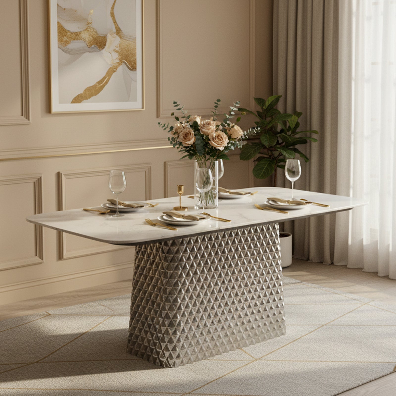 Modern Light Luxury 70.86" Dining Table with Marble - Look Tabletop and Diamond - Patterned Stainless Steel Base