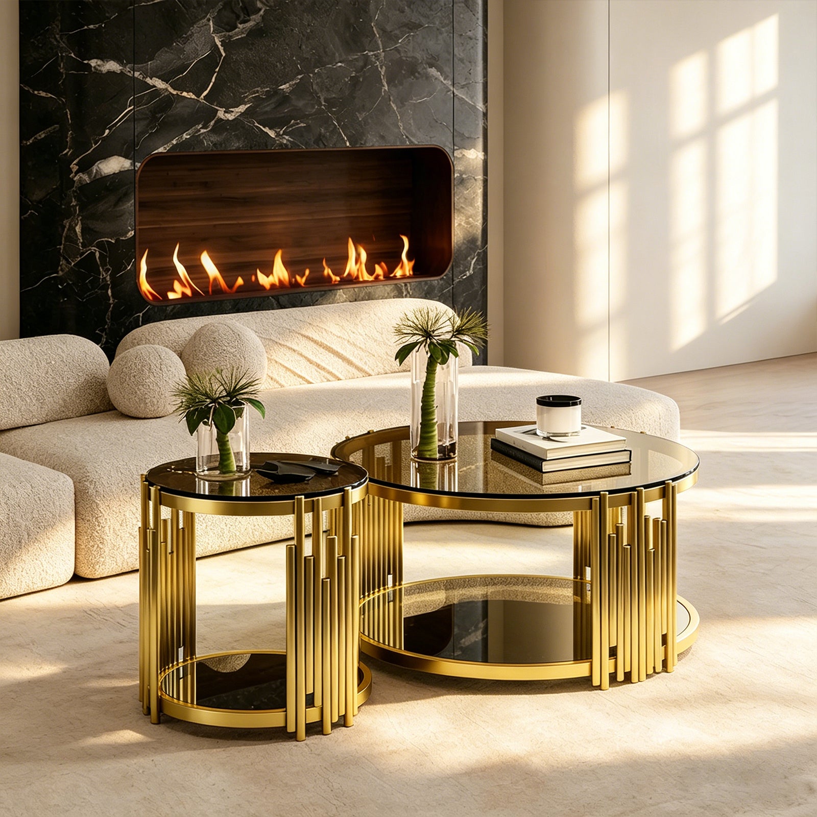 Modern Luxury Nesting Coffee Table Set - Gold Metal Frame & Smoked Glass Top (35.43" L)