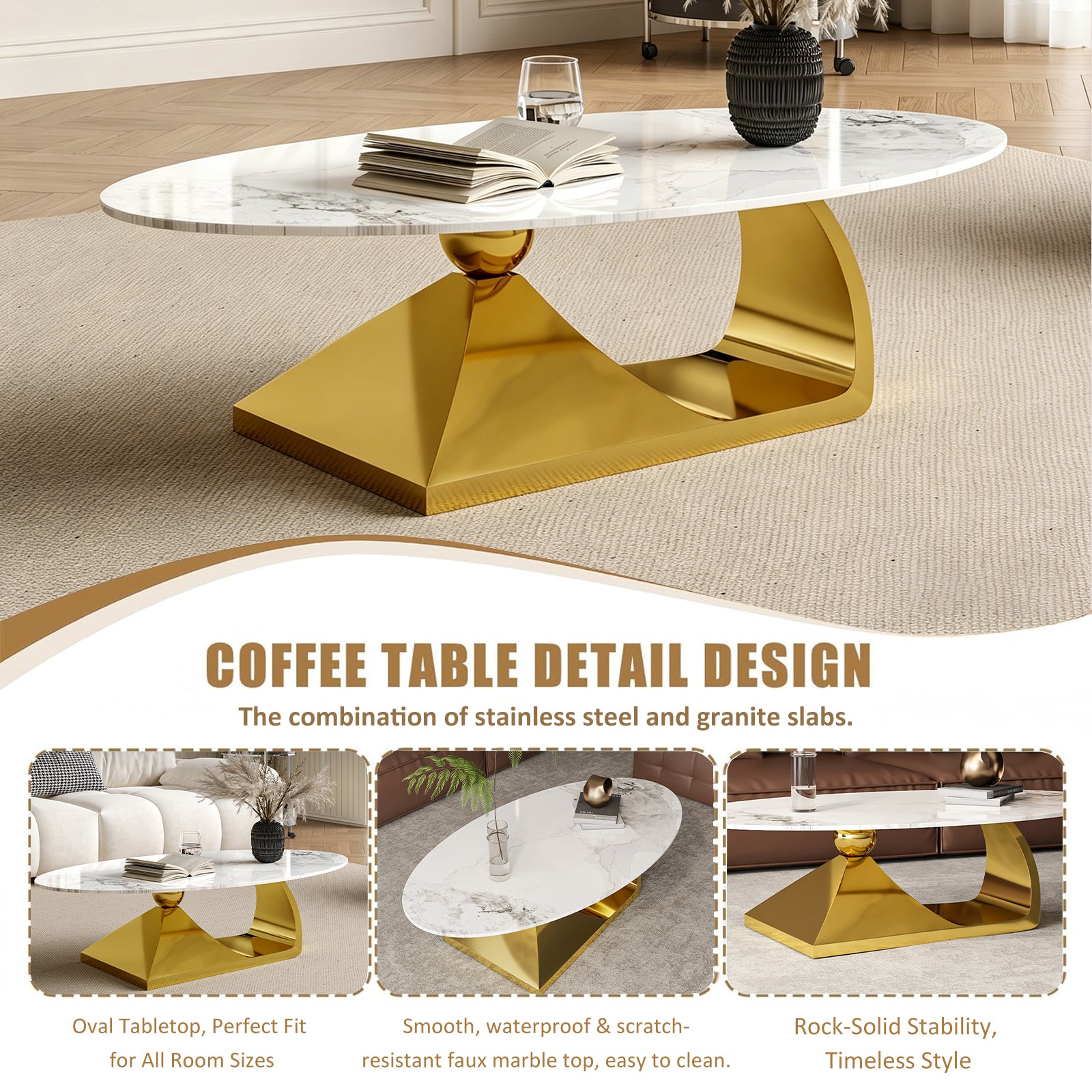 Modern Luxury Oval Artificial Marble Coffee Table for Living Room Center