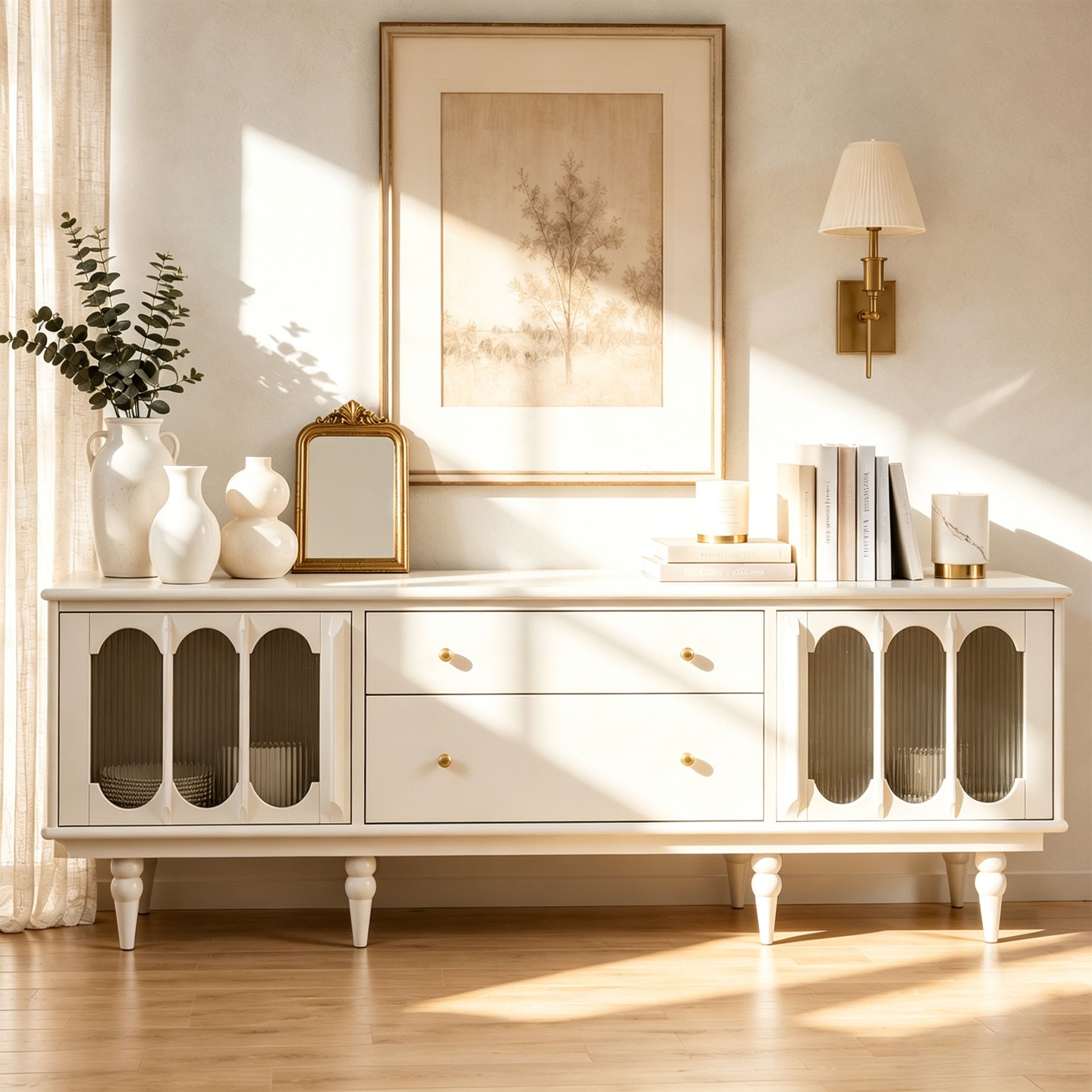 78.74" French Country TV Stand for 75-85 Inch TVs, Cream White TV Console with Arched Fluted Glass Doors & Storage Drawers