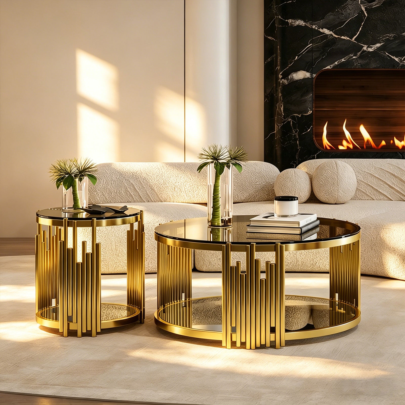 Modern Luxury Nesting Coffee Table Set - Gold Metal Frame & Smoked Glass Top (35.43" L)