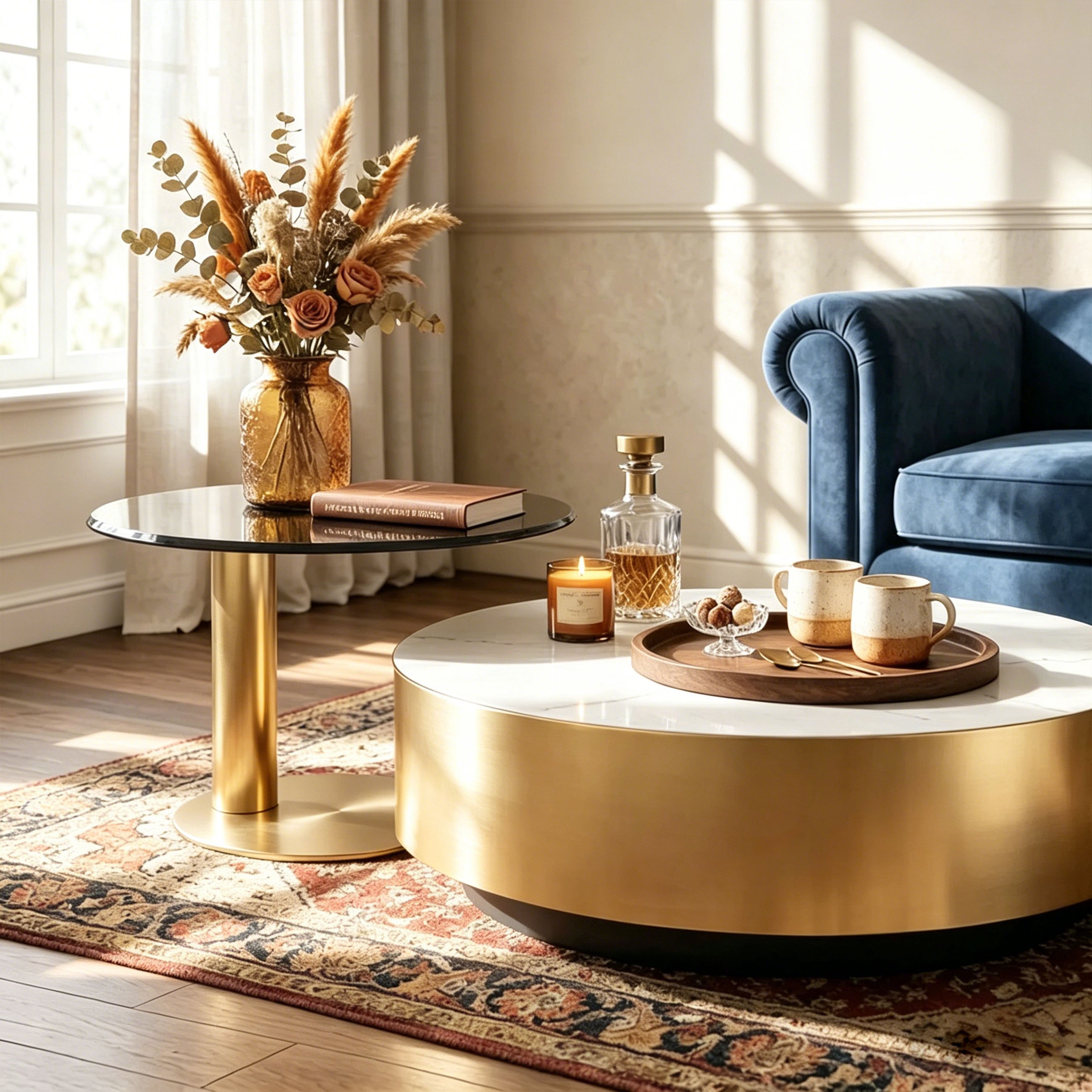 Modern Luxury Nesting Coffee Tables - Marble-Look Top with Gold Finish Base