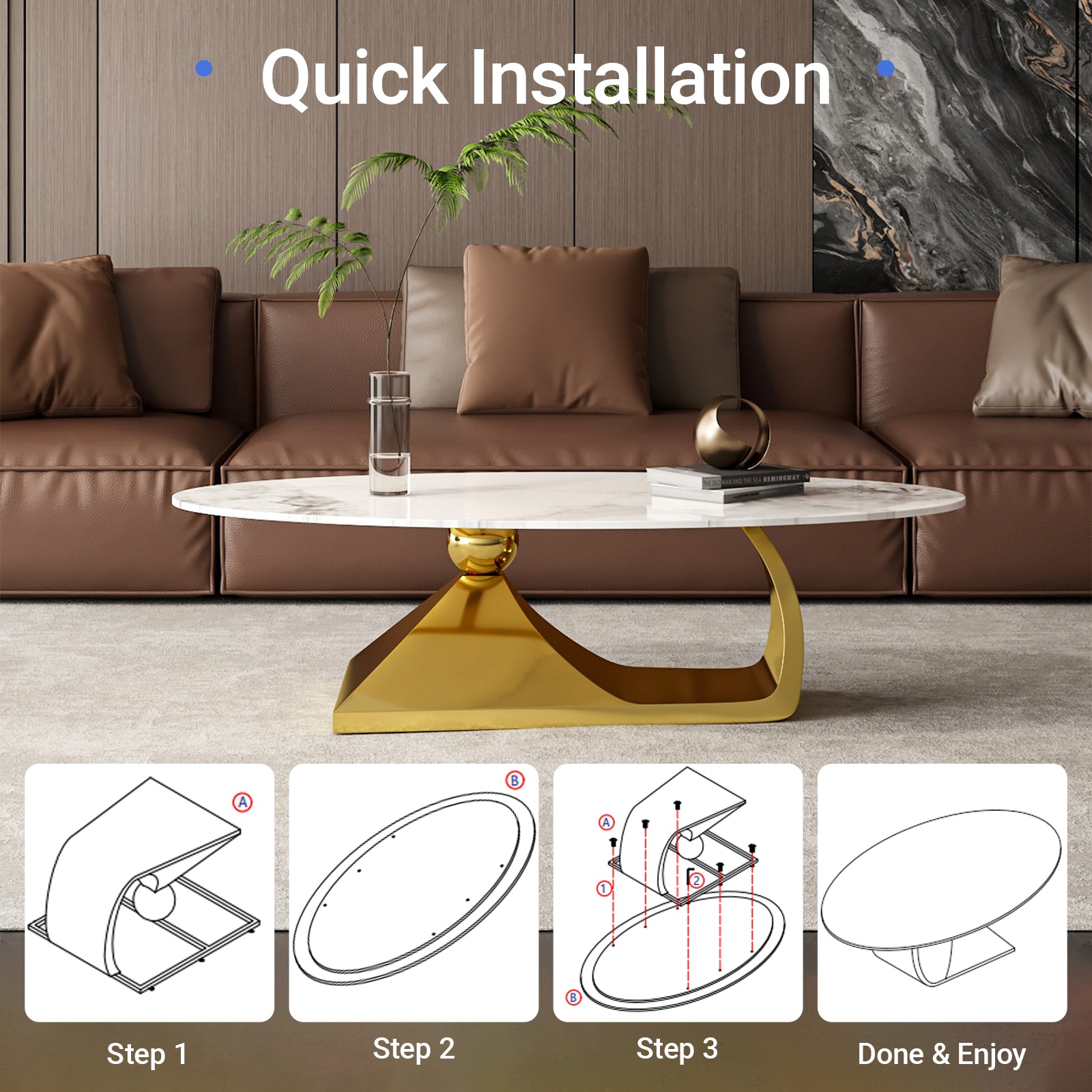 Modern Luxury Oval Artificial Marble Coffee Table for Living Room Center