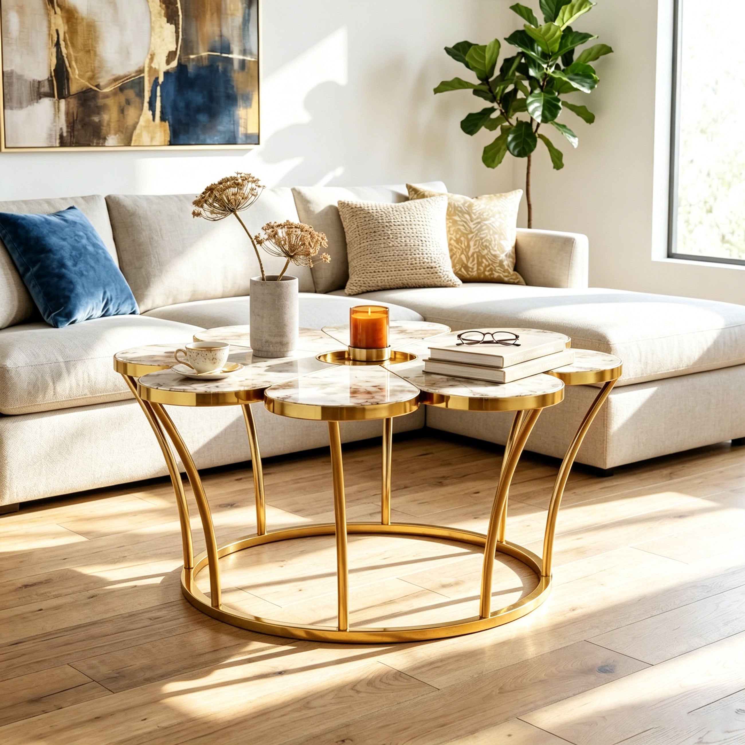 Flower-shaped faux marble coffee table with polished gold stainless steel base