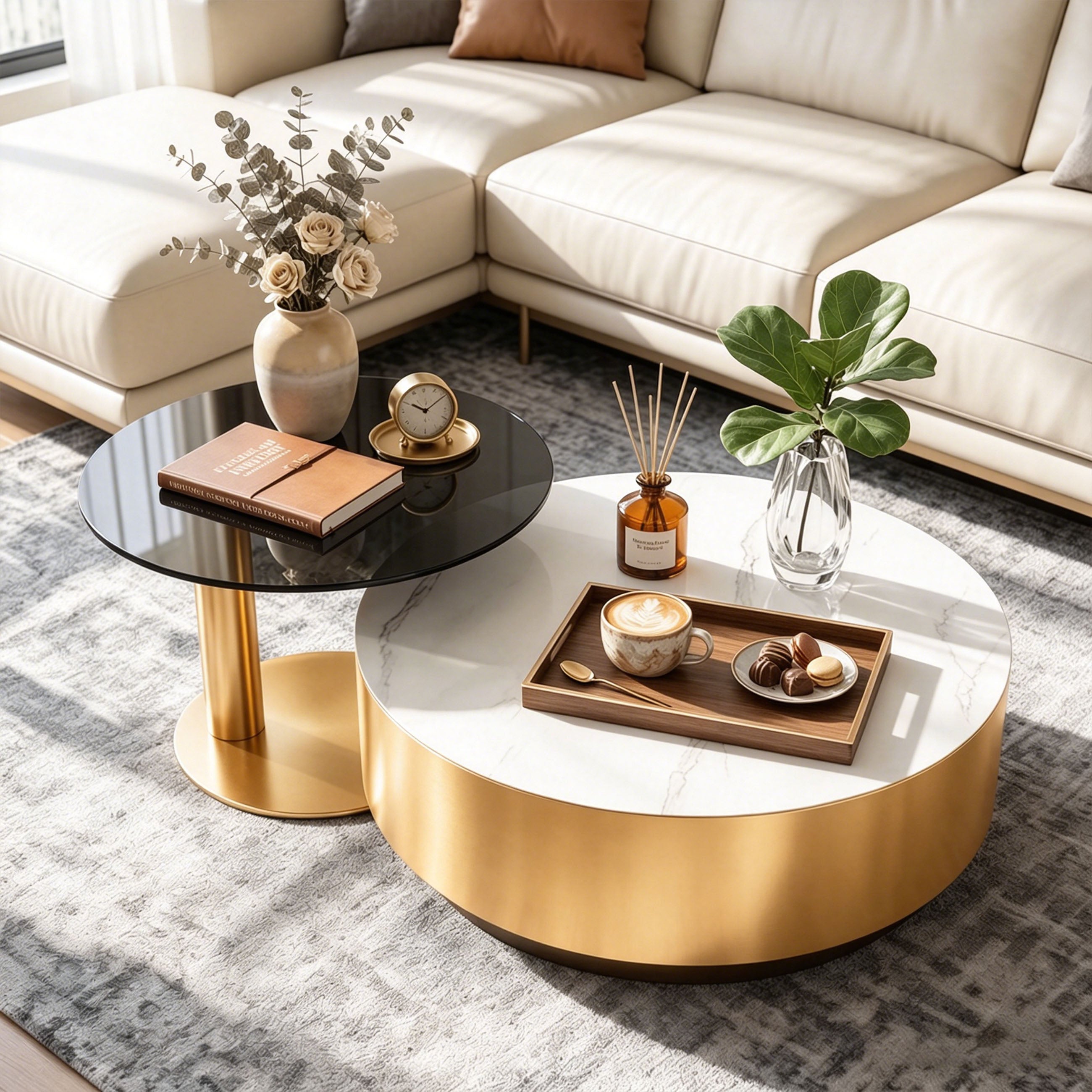 Modern Luxury Nesting Coffee Tables - Marble-Look Top with Gold Finish Base