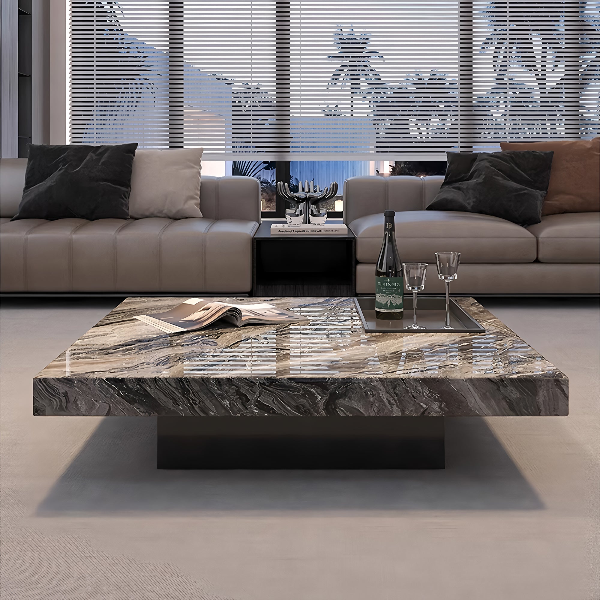 47.24" Square Faux Marble Coffee Table with Stainless Steel Base